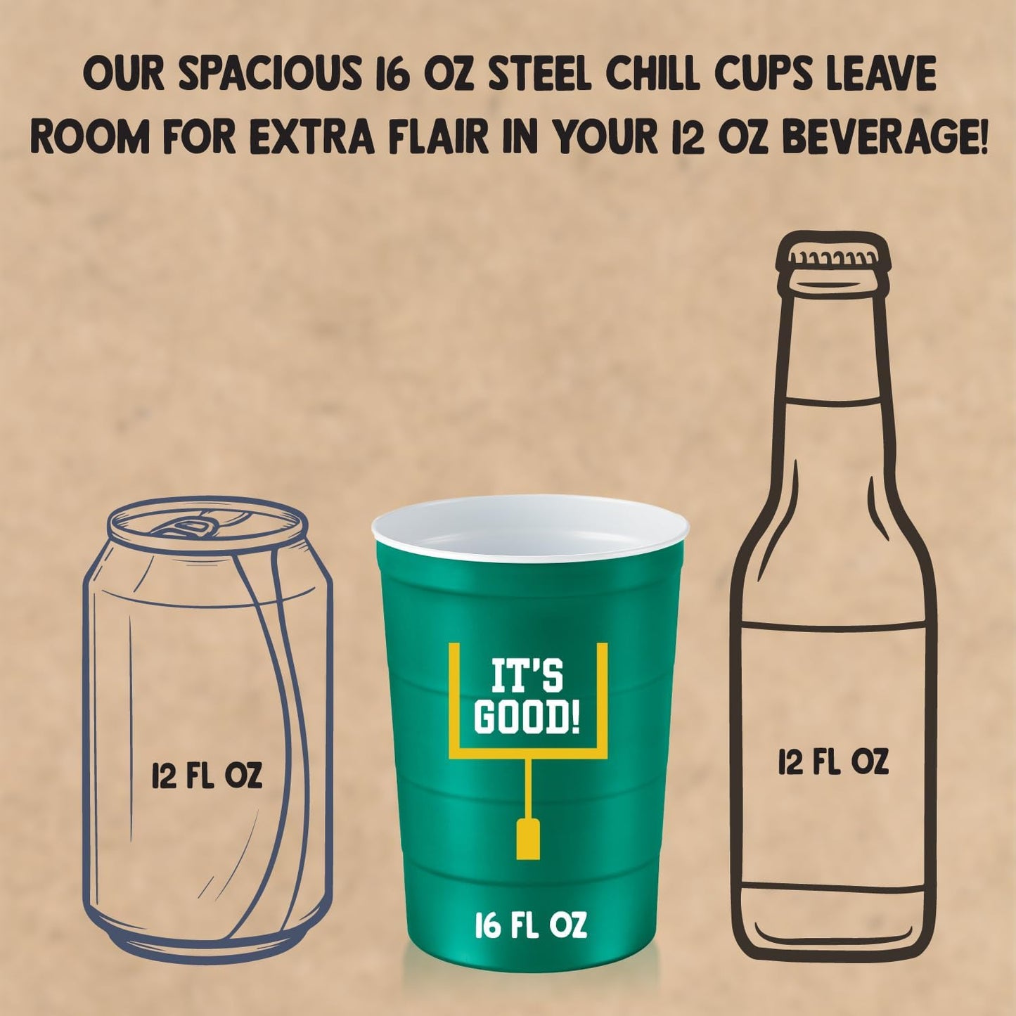 16 oz. Party Cup Football 'It's Good' Goal Post Design for Cold Drinks, Durable, Disposable, Recyclable, Made in USA, Green 12 Count