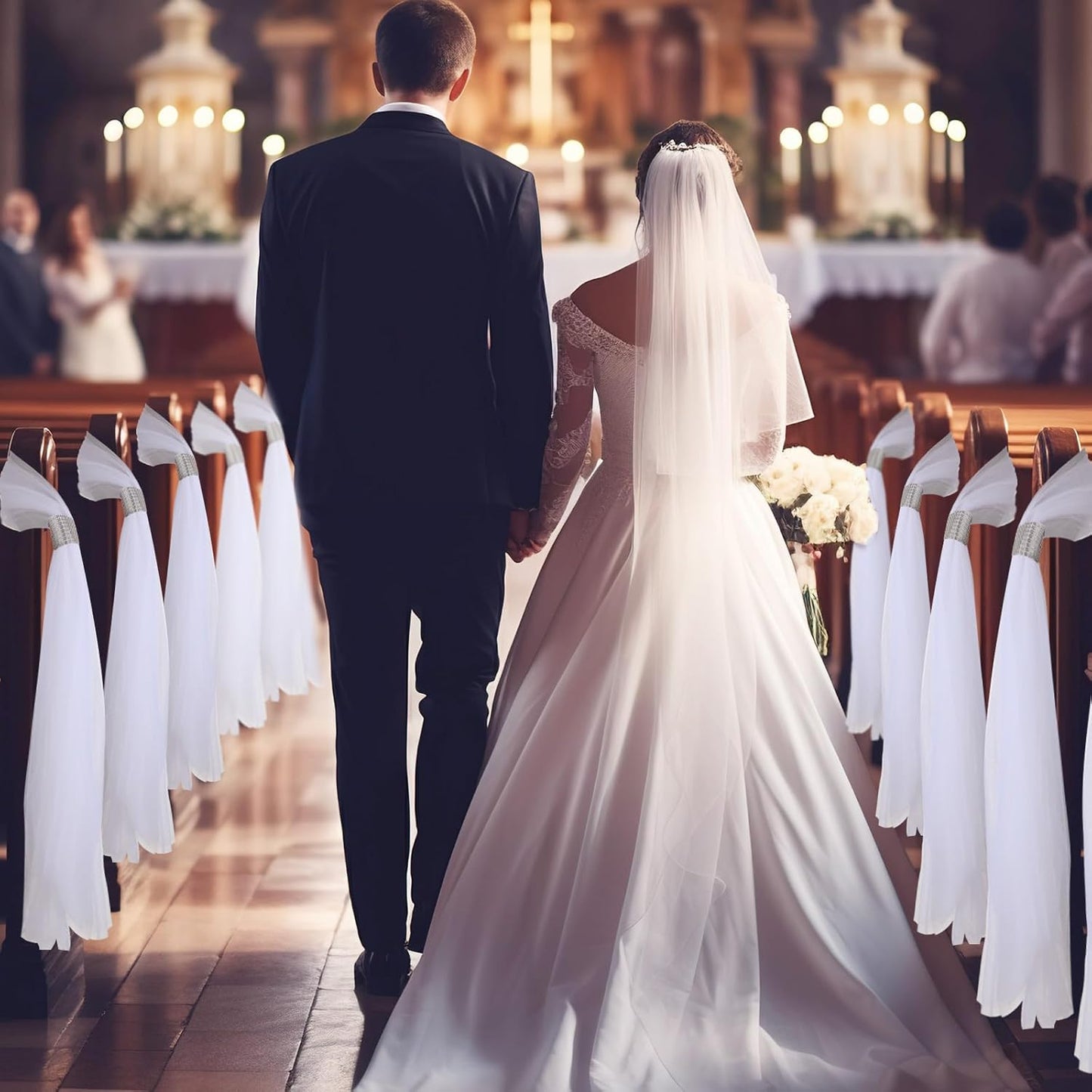 36 Set Wedding Aisle Chair Decorations 31.5 Inch Pew Bows with Long Tulle Tails and Rhinestone wrap for Wedding Ceremony Church Bridal Shower Banquet Decor (Silver)