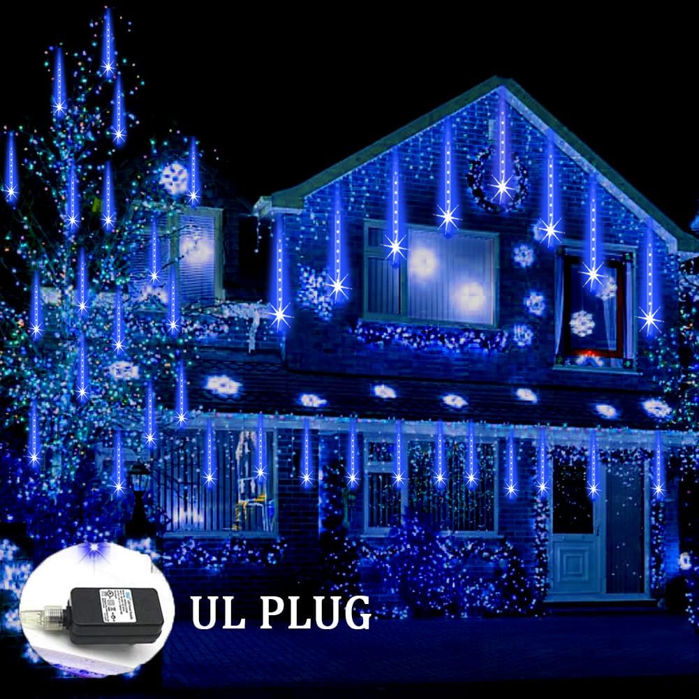 Christmas Lights Outdoor 32 Tubes 768 LEDs Meteor Shower Lights UL Certified Snow Falling Rain Drop Icicle String Light for Xmas Tree Halloween Decorations Wedding Party Garden Decor, Blue