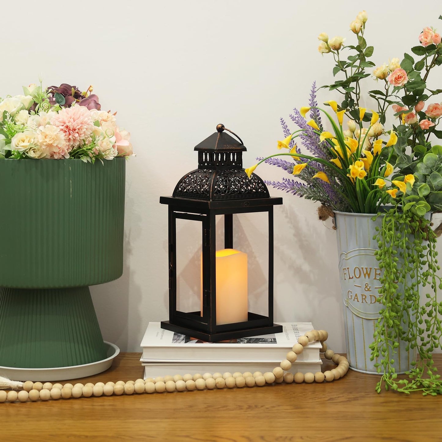 NEEDOMO Lanterns Decorative Indoor & Outdoor, 15'' Lantern with LED Candle, Vintage Metal Hanging Lanterns for Patio, Front Porch,Yard, Table, Spring (NO Glass)