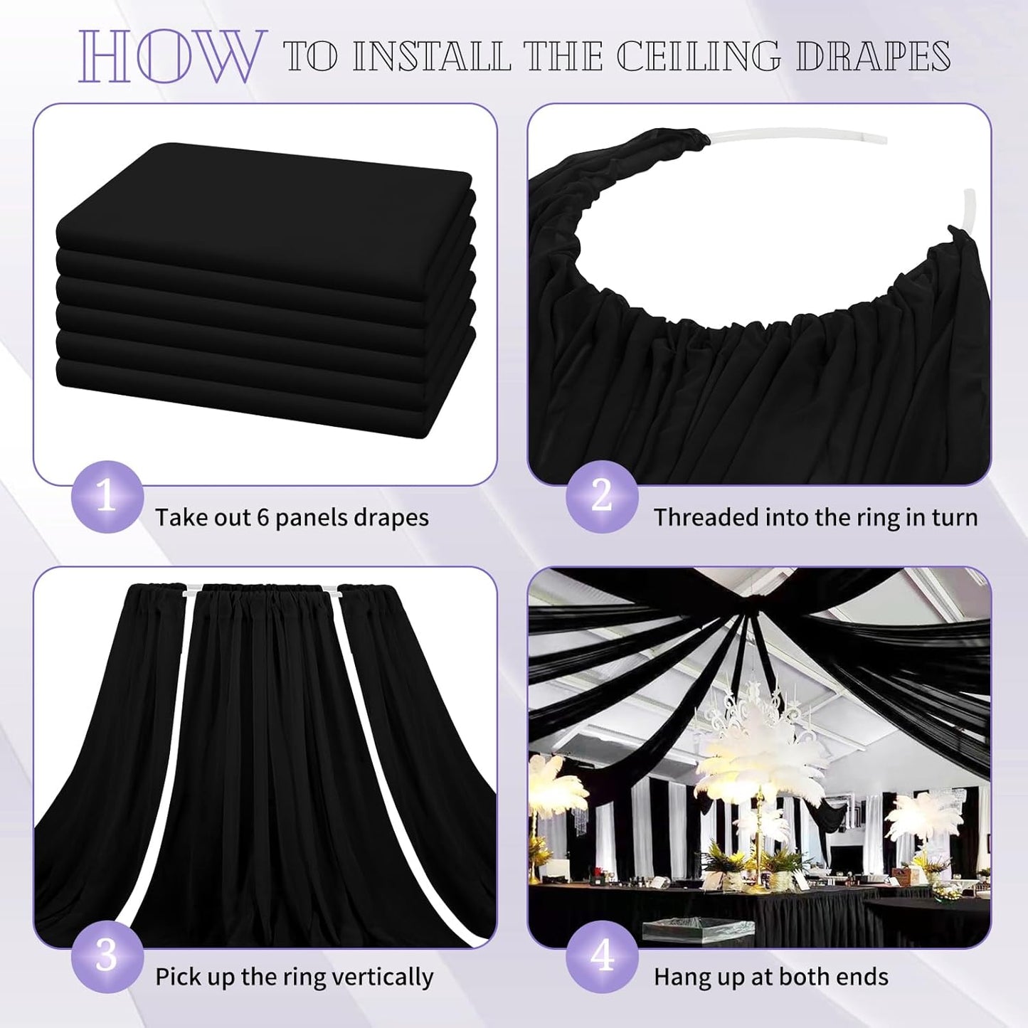 6 Panels Black Ceiling Drapes for Wedding 5ftx10ft Chiffon Fabric Arch Draping Curtains Sheer Drapery for Party Ceremony Birthday Baby Shower Reception Stage Swag Ceiling Decorations
