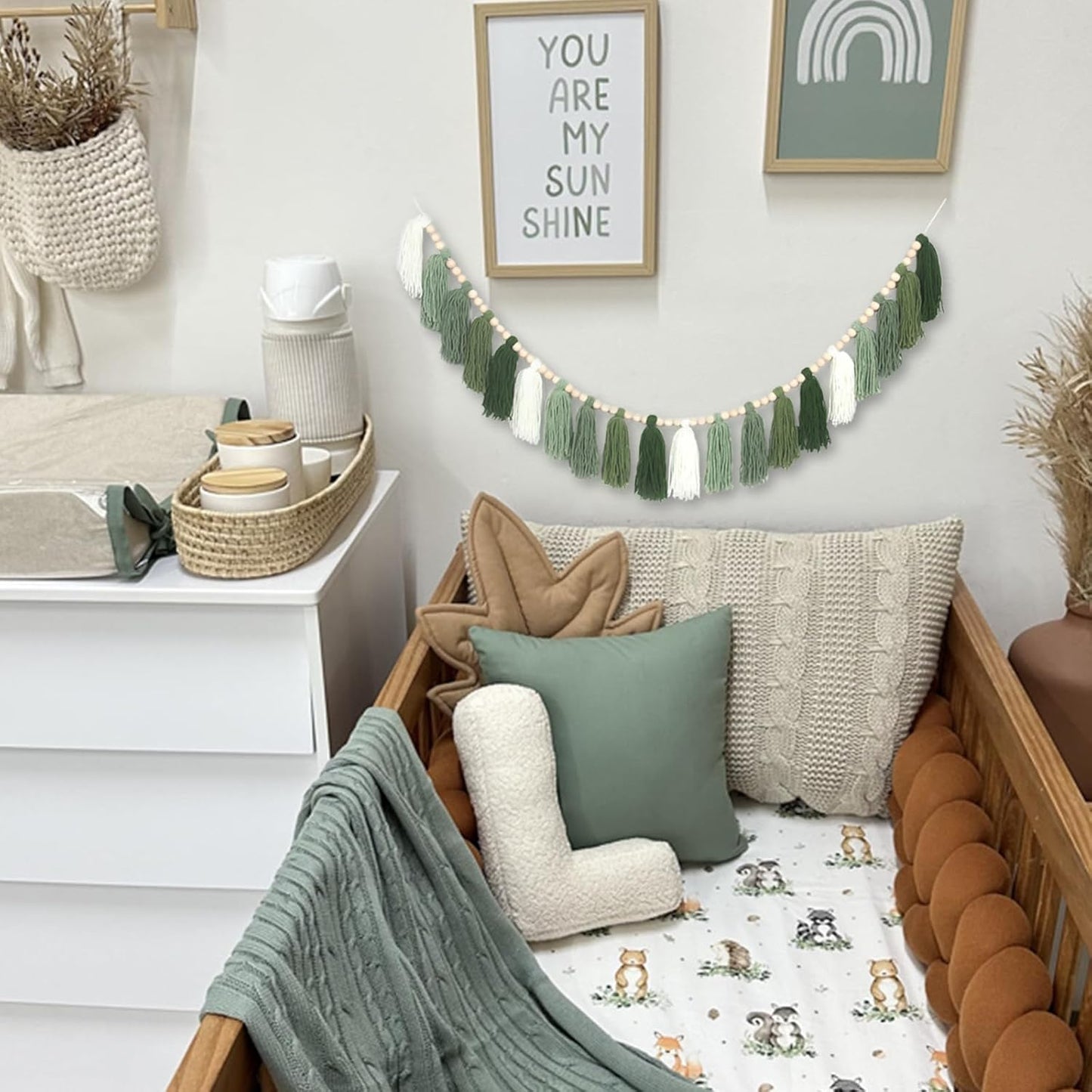Green Boho Yarn Tassel Garland Sage Green Garland Wall Hanging Decor Forest Woodland Tassel Banner with Beads for Nursery Classroom Office Birthday Party Kids Room Baby Shower Decoration