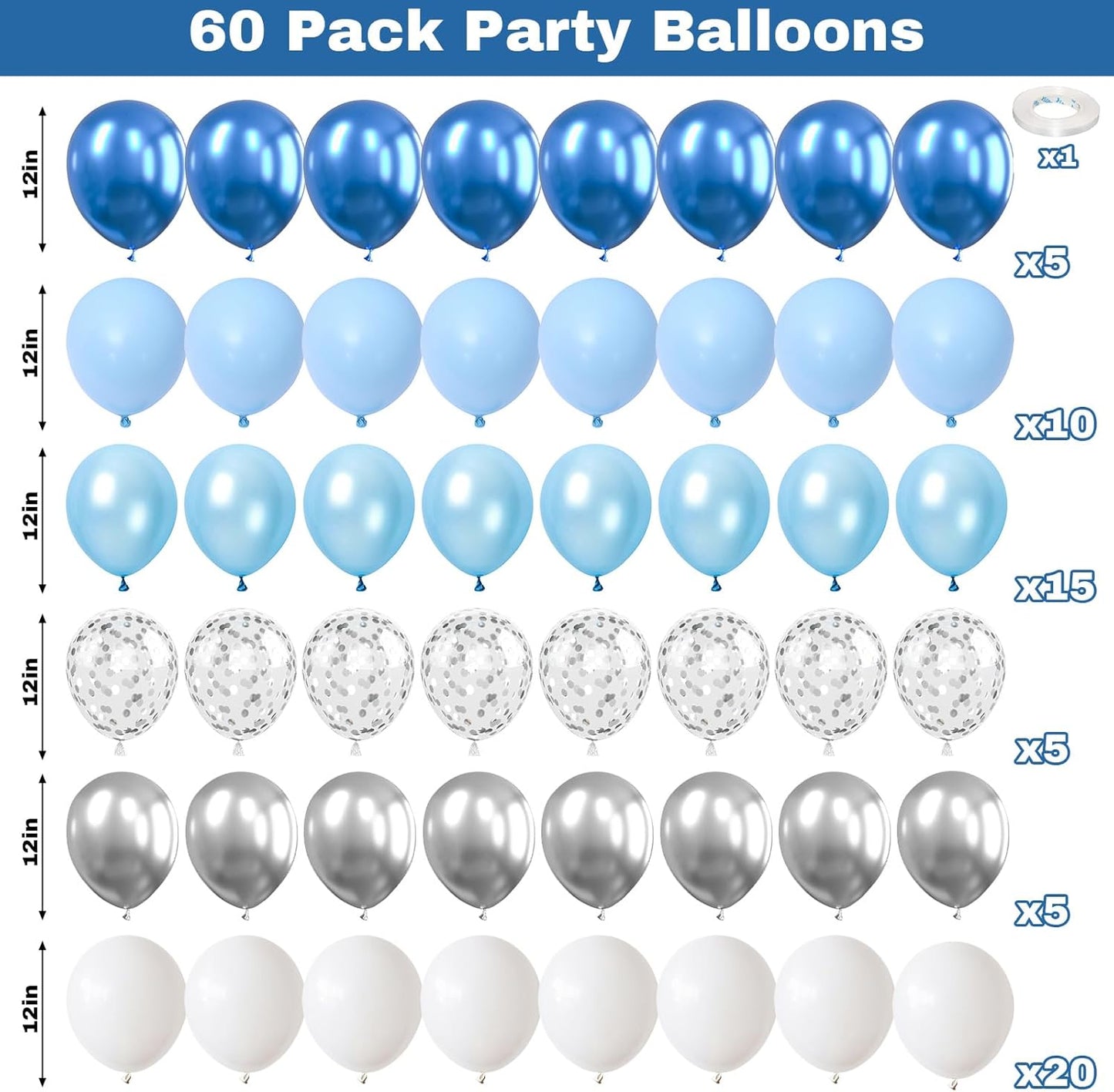 Blue and White Balloons, 60 Pcs 12 Inch Pastel Baby Blue Silver Latex Balloon with Metallic Confetti Balloons Graduation Balloon for Boys Birthday Baby Shower Christening Grad Party Decorations