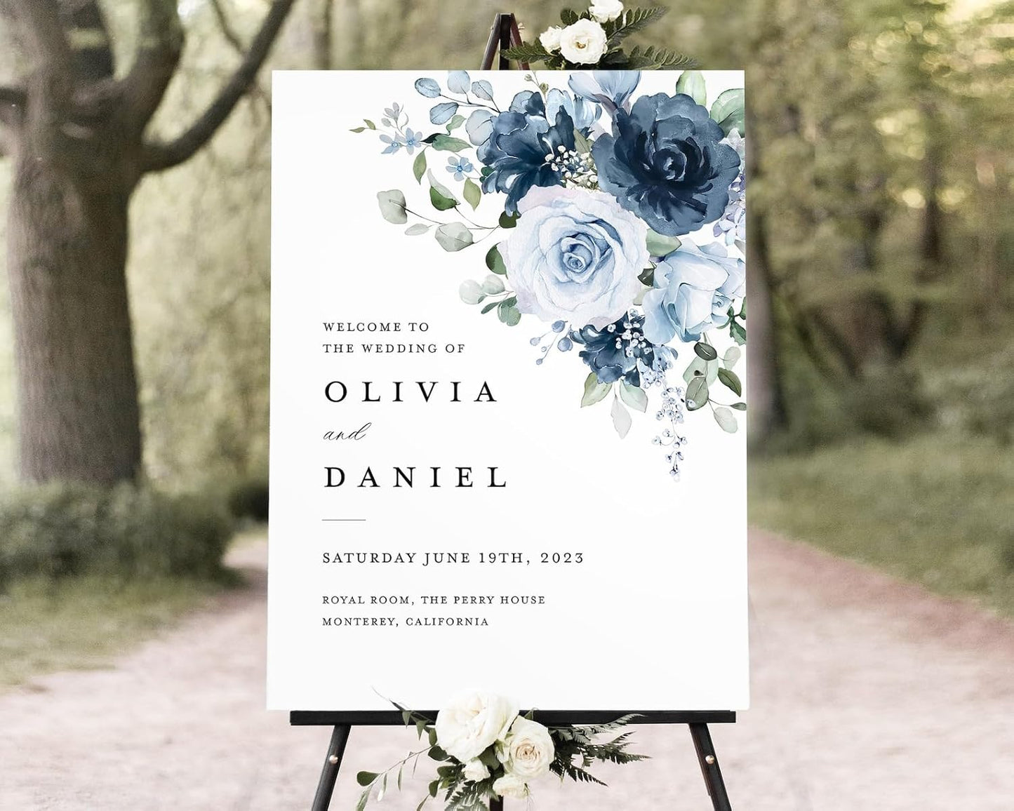 Welcome Wedding Sign Personalized, Elegant Light Blue Rose Wedding Sign Decorations Signage 12" X 18" (Small), 27" (Medium), 36" (Large), Plastic, Modern, Pole Mount, Weather