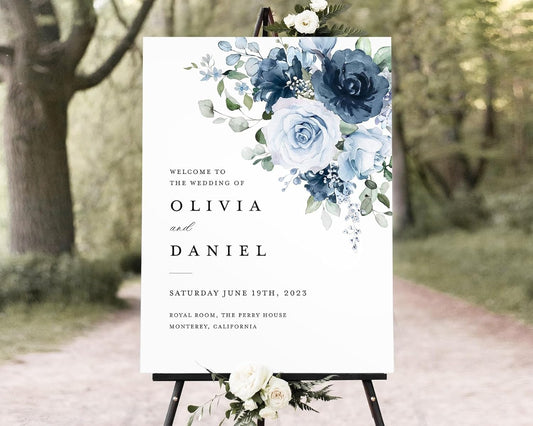 Welcome Wedding Sign Personalized, Elegant Light Blue Rose Wedding Sign Decorations Signage 12" X 18" (Small), 27" (Medium), 36" (Large), Plastic, Modern, Pole Mount, Weather