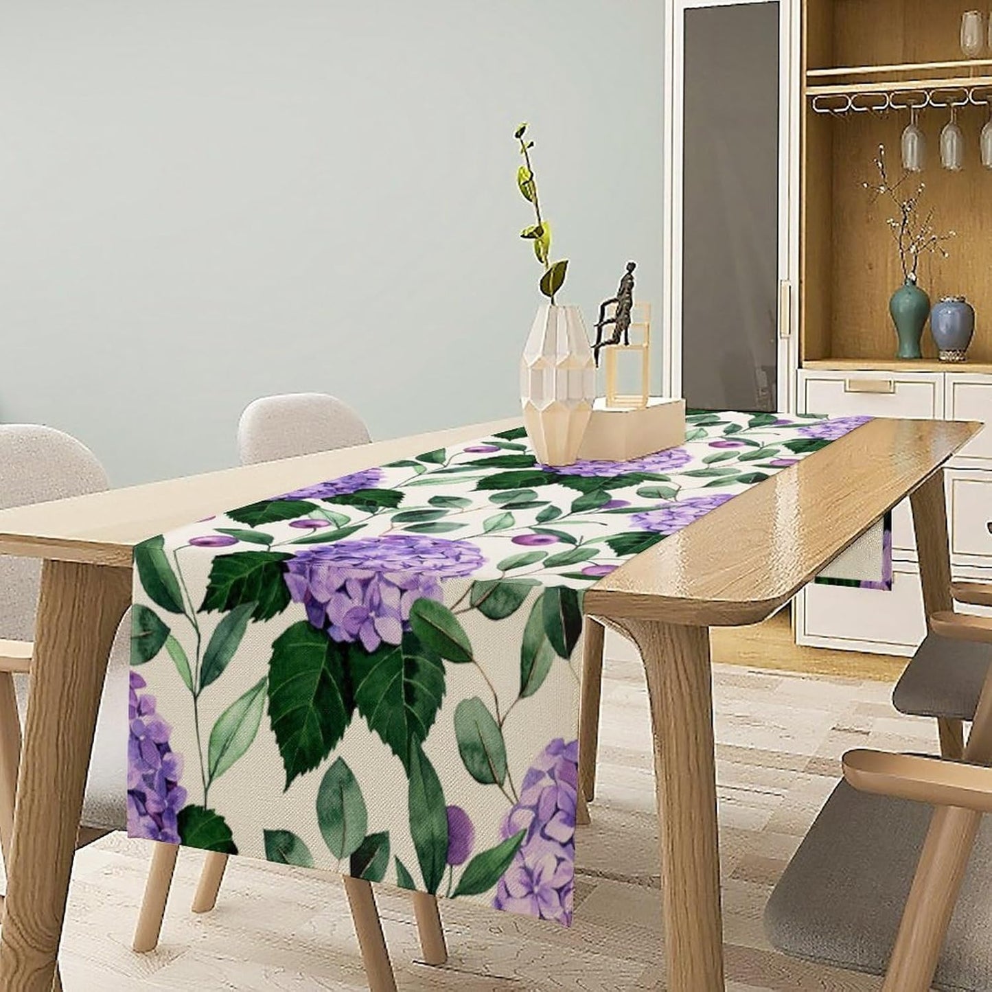 Spring Hydrangea Flower Table Runner, Seasonal Summer Plants Eucalyptus Leaves Purple Florals Dinner Runner for Home Kitchen Dining Table Party Holiday Decoration 13"x120"