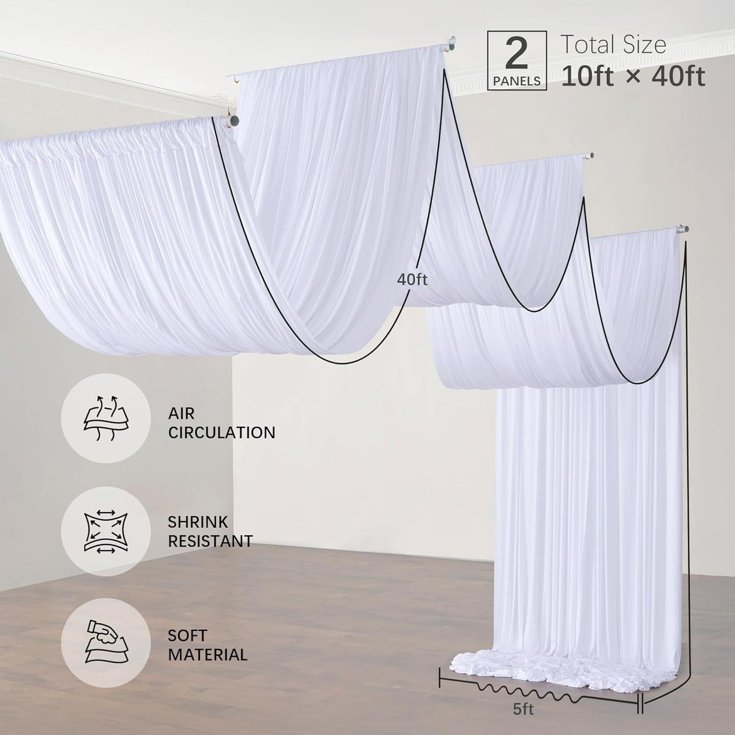 PartyVillage 10ftx40ft White Ceiling Curtain for Wedding Parties – 2 Panels Wrinkle-Free 40 FT Long Tent Draping Curtains for Wedding, Birthday & Theme Parties, 40ft Height with Rod Pocket