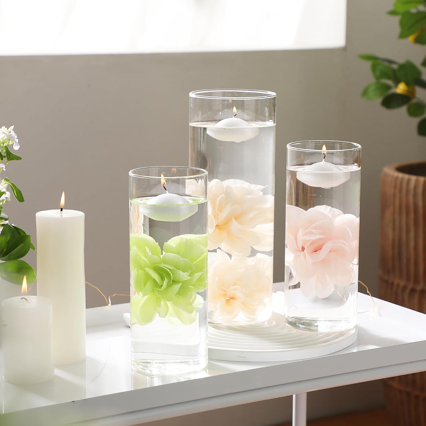 24 Pcs Floating Candles for Centerpieces and Floating Flowers Artificial Flowers Head Vase Filler for Party Home Table Wedding Centerpieces Decoration (Pink)