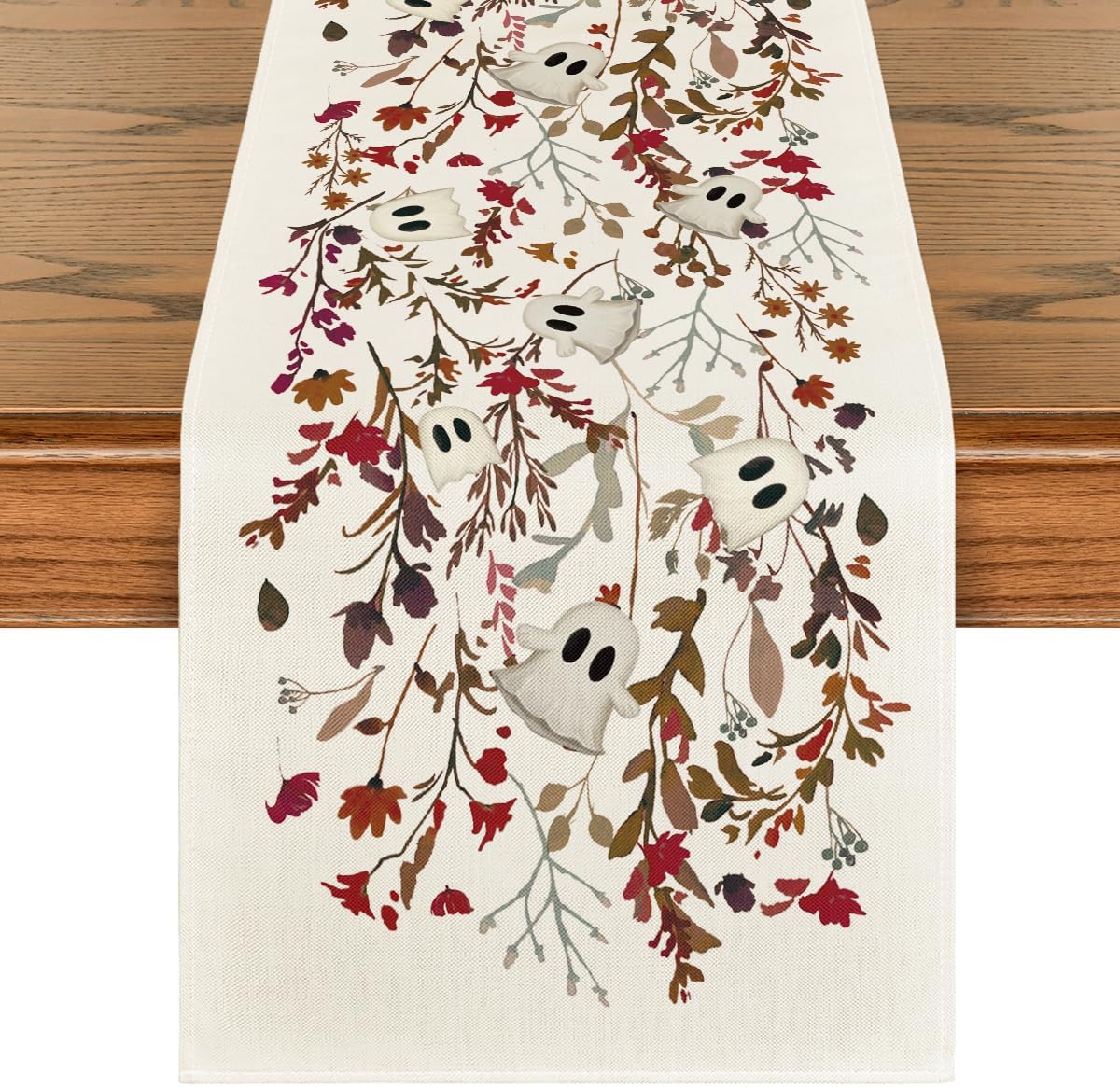 Artoid Mode Ghost Flowers Leaves 210 GSM Halloween Table Runner,Seasonal Fall Kitchen Dining Table Decoration for Home Party Decor 13x120 Inch
