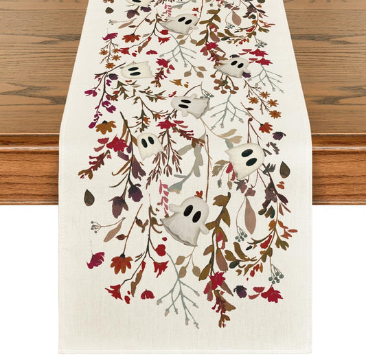 Artoid Mode Ghost Flowers Leaves 210 GSM Halloween Table Runner,Seasonal Fall Kitchen Dining Table Decoration for Home Party Decor 13x48 Inch