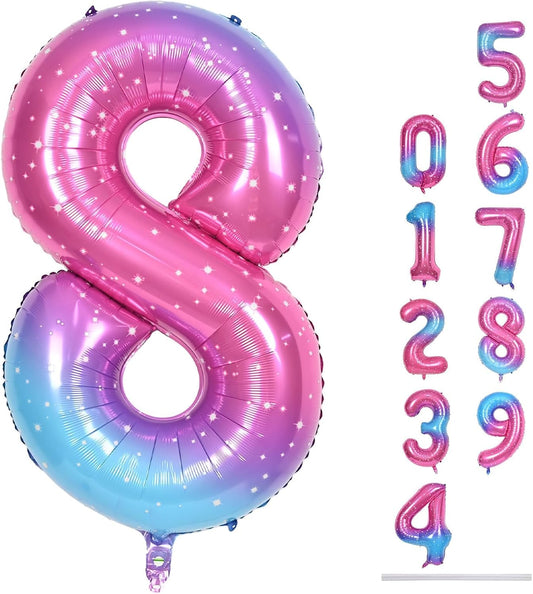 40 Inch Rainbow Foil Balloon Number 8, Giant Self Inflating Gradient Blue Pink Number Balloons 0-9 for Women, Starry Print 8 Helium Balloons Set for Girls 8th Birthday Party Decorations Supplies