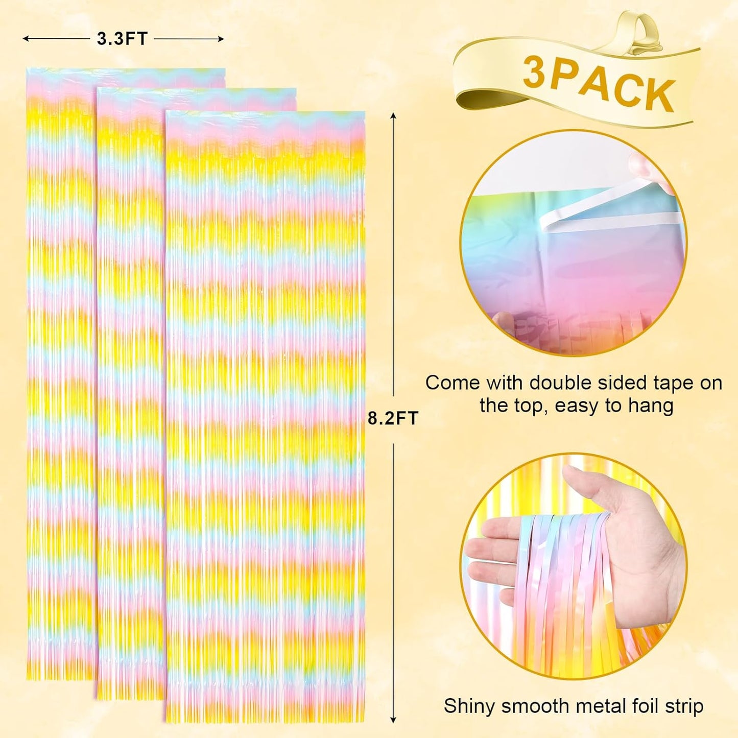 3 Pack 3.3 x 8.2 ft Pastel Rainbow Foil Fringe Backdrop Curtains, Tinsel Streamers Birthday Party Decorations, Fringe Backdrop for Graduation, Baby Shower, Gender Reveal, Disco Party