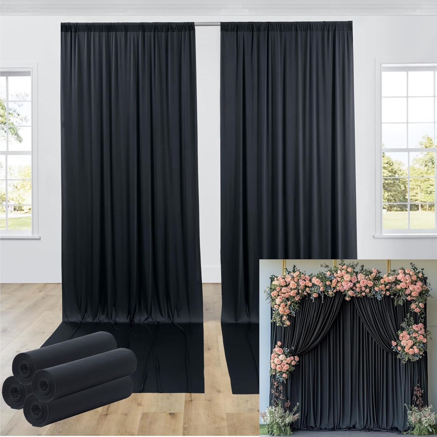 20ftx12ft Wrinkle Free Black Backdrop Curtain, 4 Panels 12FT Height Black Wedding Backdrop Drapes, Silky Polyester Back Drop Cloth for Birthday Photography Background Party Backdrop Draping