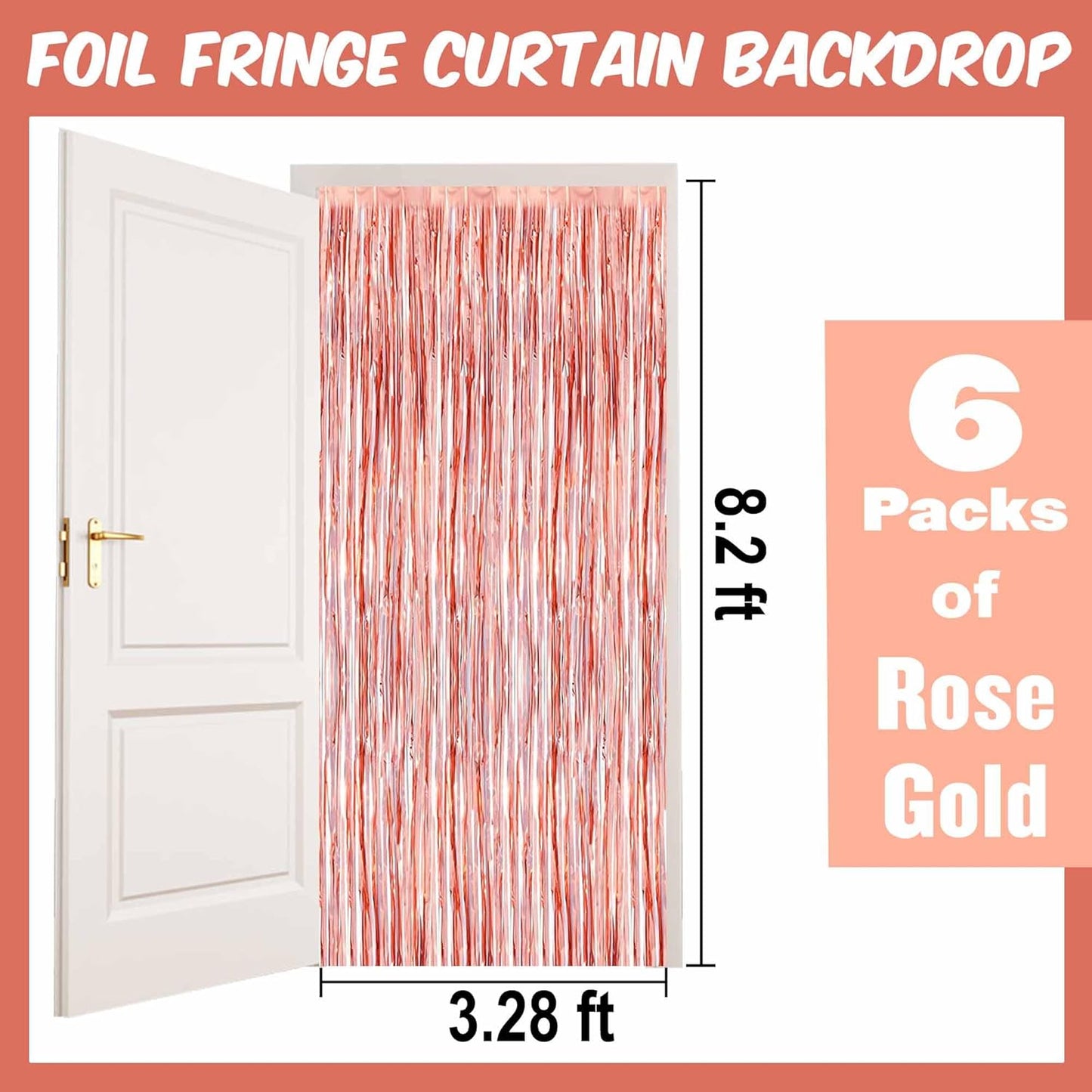 6 Pack Rose Gold Foil Fringe Curtains Backdrop, 3.28 x 8.2 Ft Metallic Streamers Tinsel Curtains Background for Photo Booth, Birthday, Weddings, Carnivals, Graduation, Themed Party Decorations