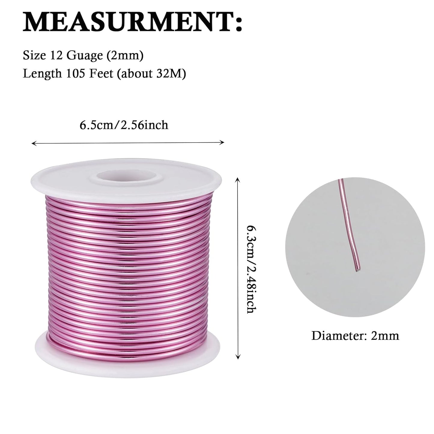 12 Gauge Pink Aluminum Craft Wire (105FT) - Anodized for Jewelry Making, Beading Floral, Plant Gardening, Sculpting & Modeling Craft Wire(Pink #13, 2mm)