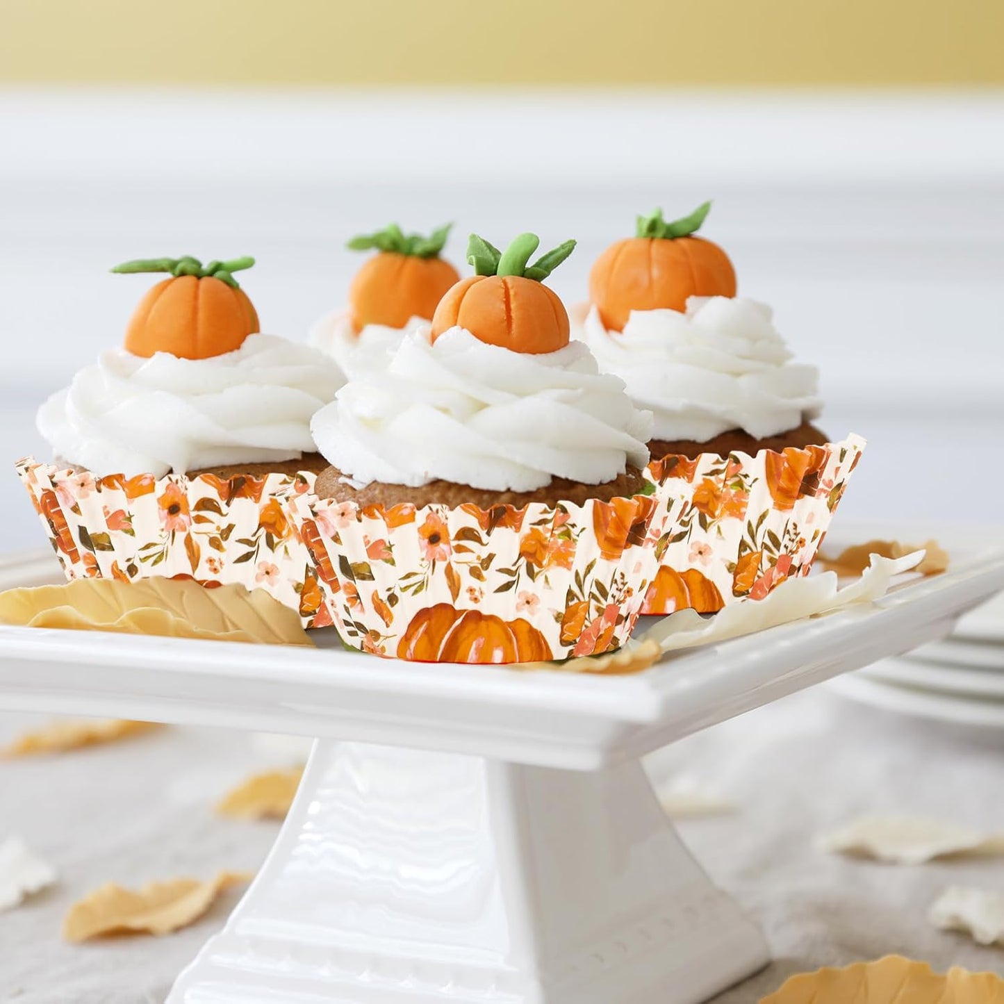 Whaline 300Pcs Fall Cupcake Liners Watercolor Pumpkin Flower Paper Baking Cups Autumn Floral Muffin Liner Cake Paper Cups Storage Container for Thanksgiving Party DIY Craft, 2x1.2 Inch