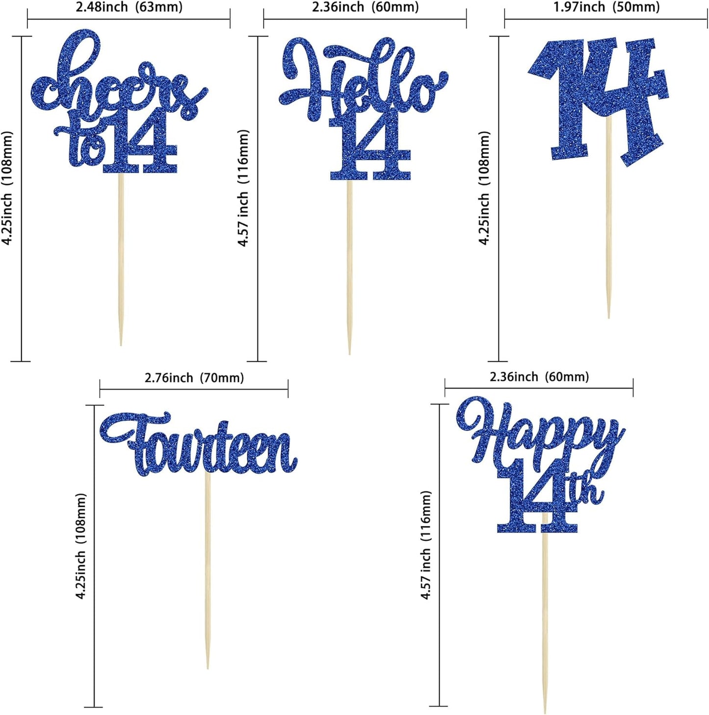 30Pcs 14th Birthday Cupcake Toppers Hello 14 Cupcake Picks Fourteen Cheers to 14 Years Old Cake Decorations for 14th Birthday Anniversary Party Supplies Deep Blue Glitter