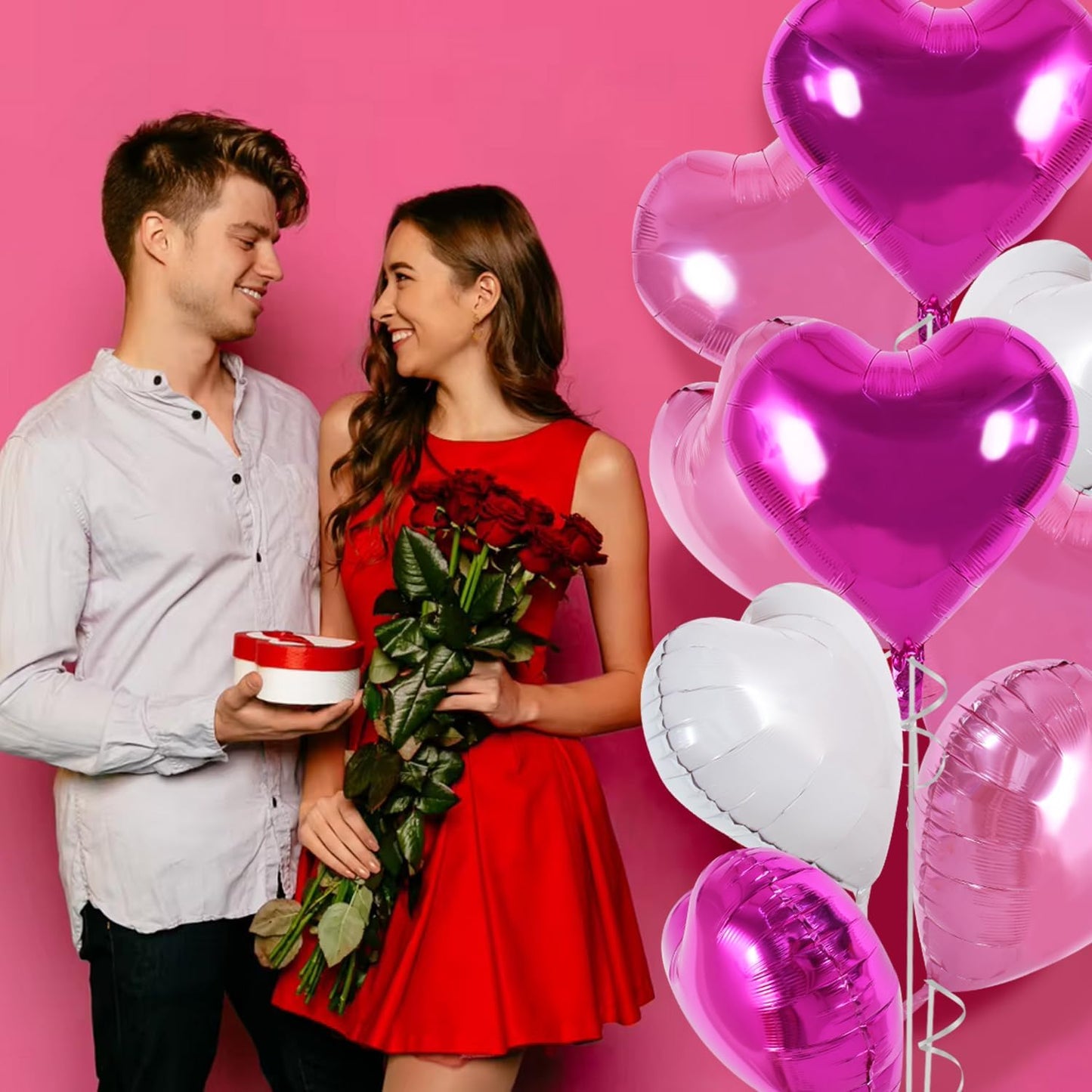 TONIFUL 30Pcs 18 Inch Pink White Heart Balloons Hot Pink Heart Shape Foil Mylar Balloons Decoration for Birthday Valentine's Day Wedding Bridal Shower Anniversary Engagement Party Supplies