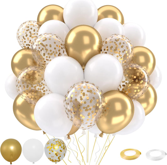 Patimate White and Gold Balloons Set, 50 pcs 12 inch Metallic Gold White Gold Confetti Latex Balloons Kit for Birthday Engagement Wedding Anniversary Party Decorations