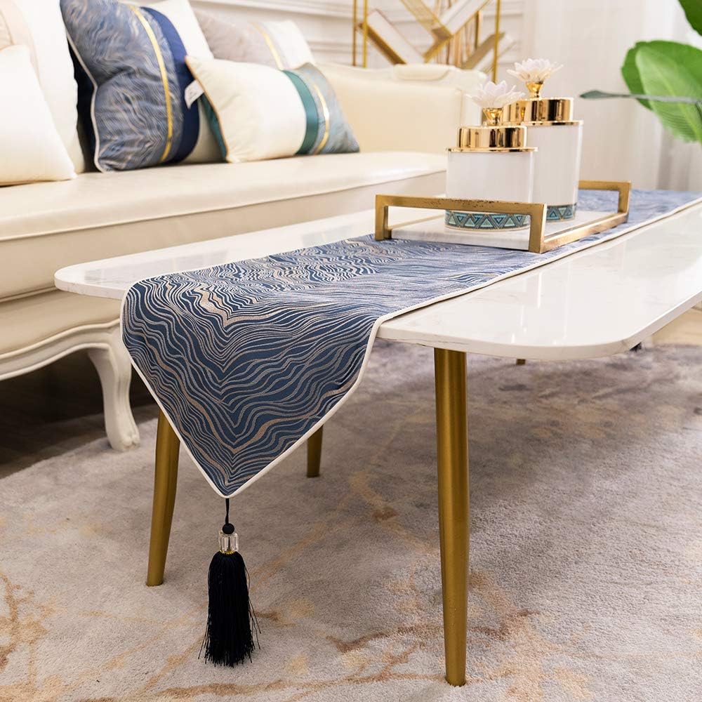 Avigers 12 x 90 Inch Decorative Luxury Abstract Striped Navy Blue Table Runners with Tassels for Home Living Room Bedroom Art Decor Wedding