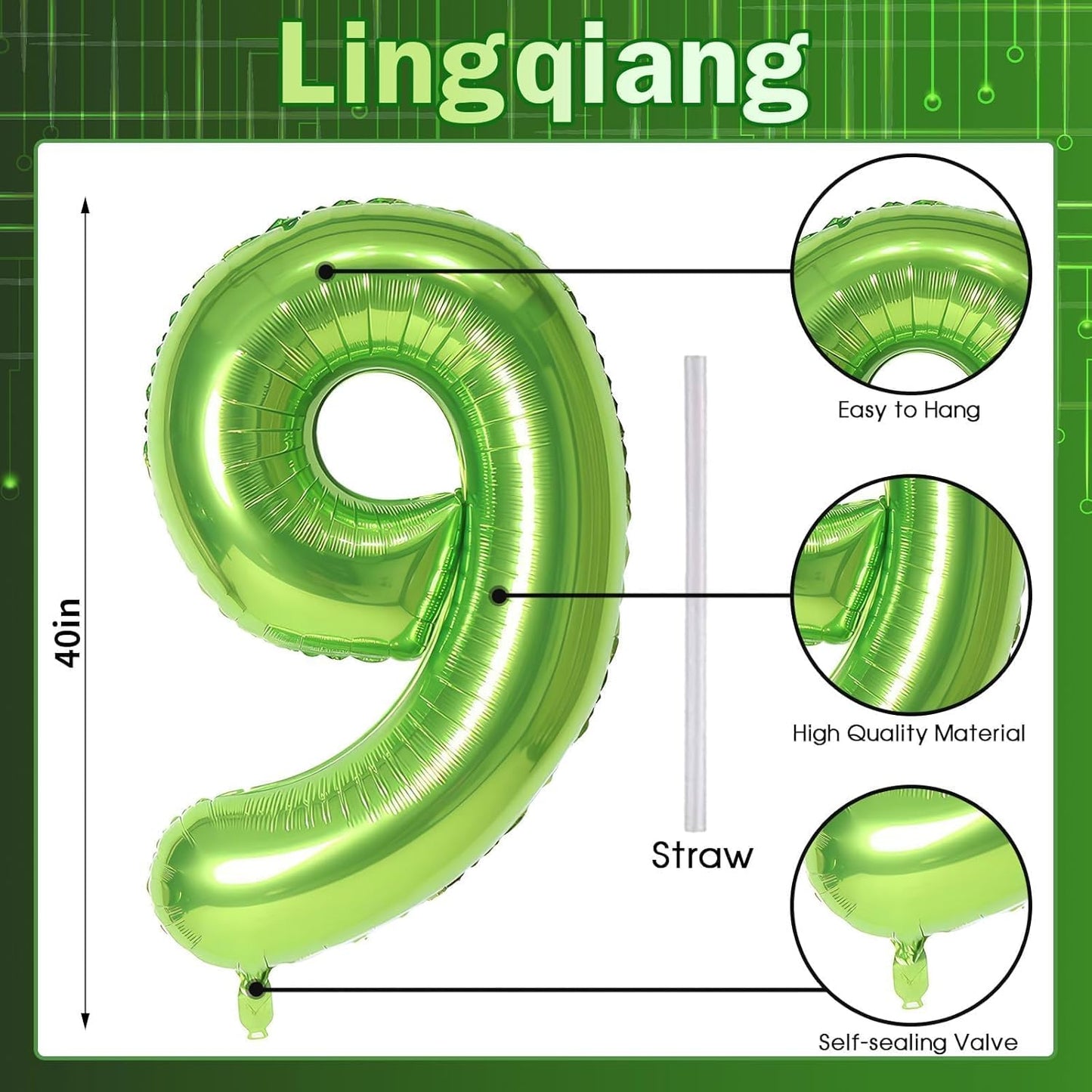 40 Inch Balloon Number 9 Green, Large Foil Number Balloons Set 0-9, Digital 9 Helium Balloons for Girls Boys Men Women 9th Jungle Football Birthday Anniversary Graduation Christmas Party Decoration
