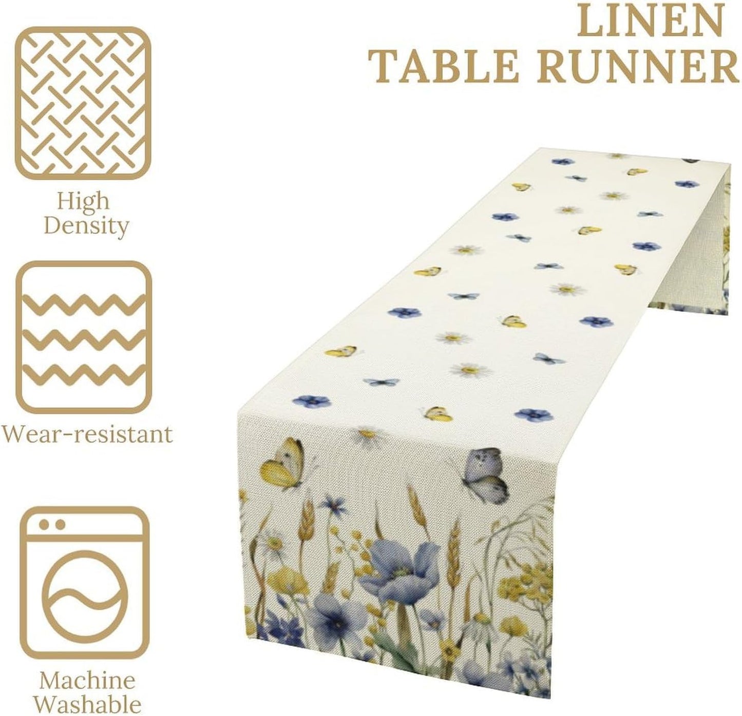Floral Table Runner, Spring Watercolor Flower Plants Nature Butterfly Table Runner for Kitchen Dinner Living Room Home Party, 13x90 Inch