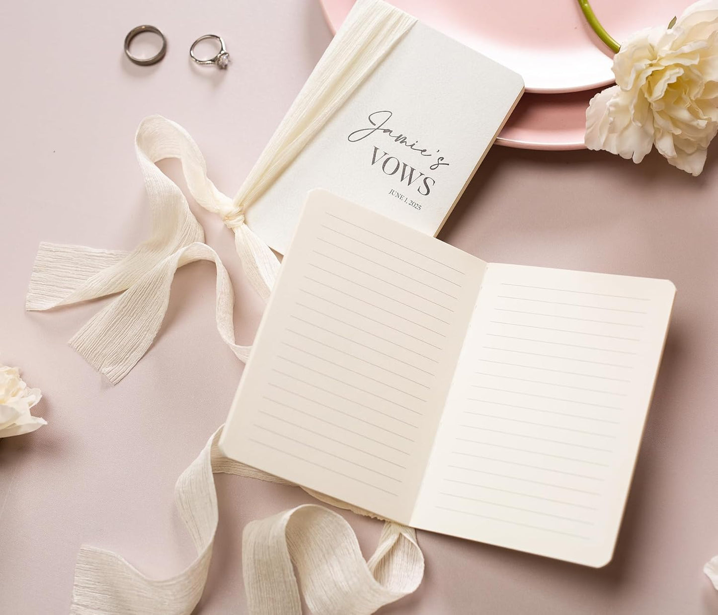 Modern Album Designs Set of Custom Slim White Vow Books w/Ribbon (Set of 2) - 5.625 x 4 Minimalist Pocket Sized Romantic Wedding Ceremony Vow Renewal Speech Notebook Journal