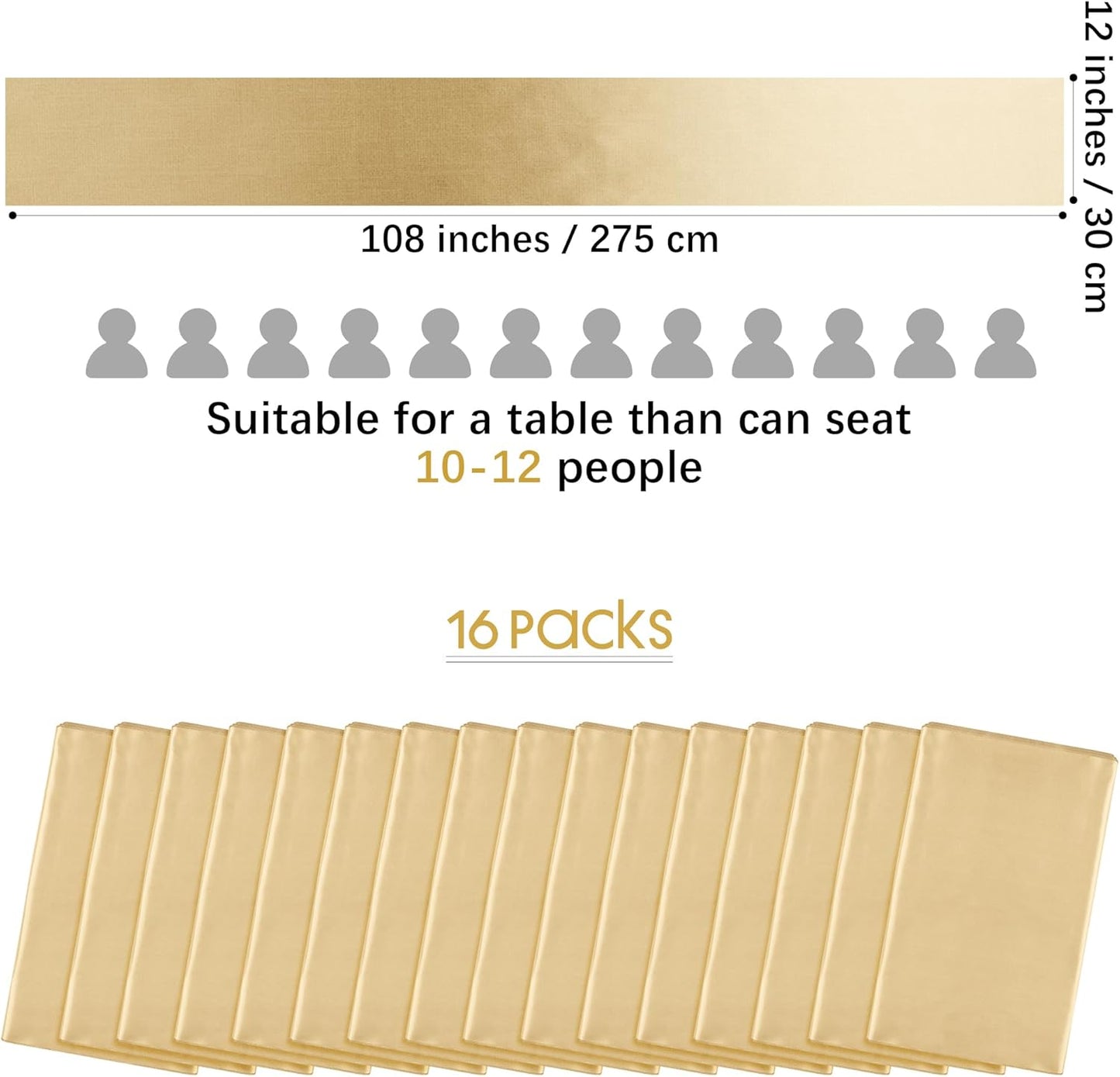 Aneco 16 Pack Satin Table Runner 12 x 108 Inch Champagne Long Wedding Satin Silk Table Runner for Wedding Banquet Graduations Birthday Party Decoration