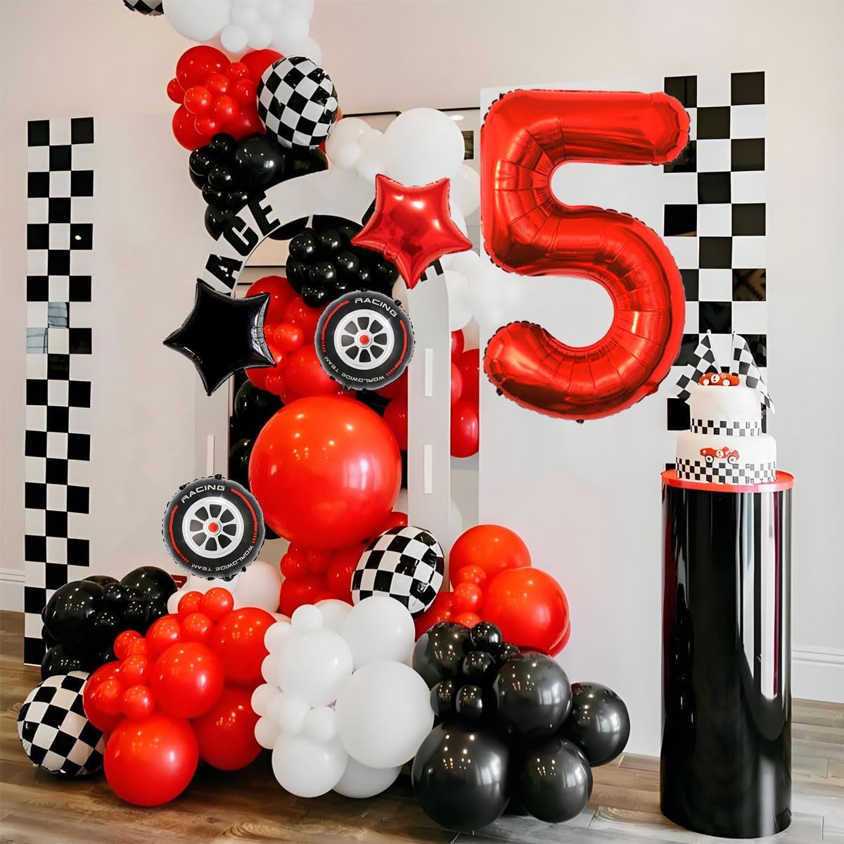 Race Car Birthday Party Decorations - 40 Inch Mylar Red Number 5 Balloons - Black Foil Checkered Race Car Balloons for 5st Birthday Race Cars Themed Party Decorations