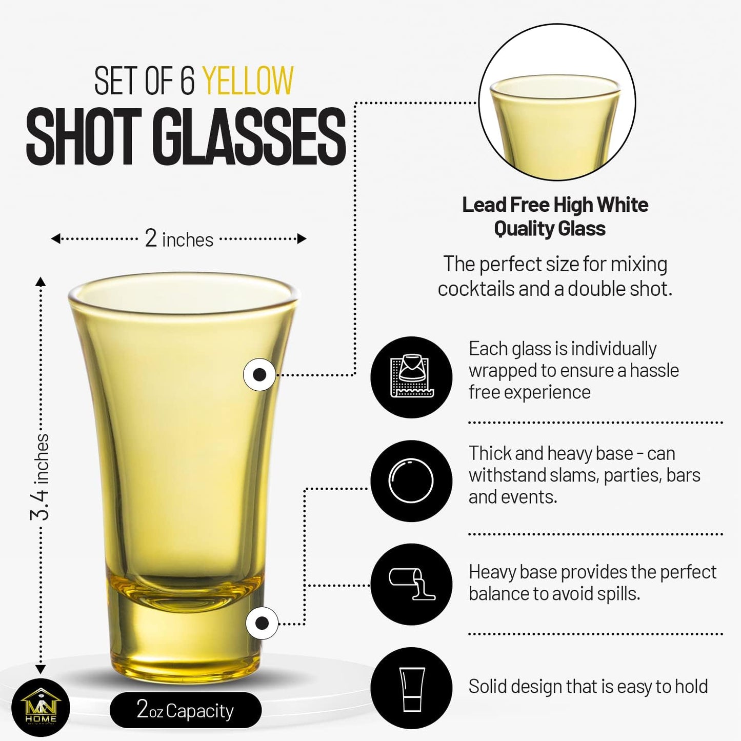 M&N HOME Yellow Shot Glass Set, 2 Oz Set of 6 Colored Shot Glasses, Whiskey Glasses, Tequila Shot Glasses, Cocktail Glasses, Shot Glasses for Vodka, Spirits & Liquors, Shot Glass Gifts (Yellow Set)