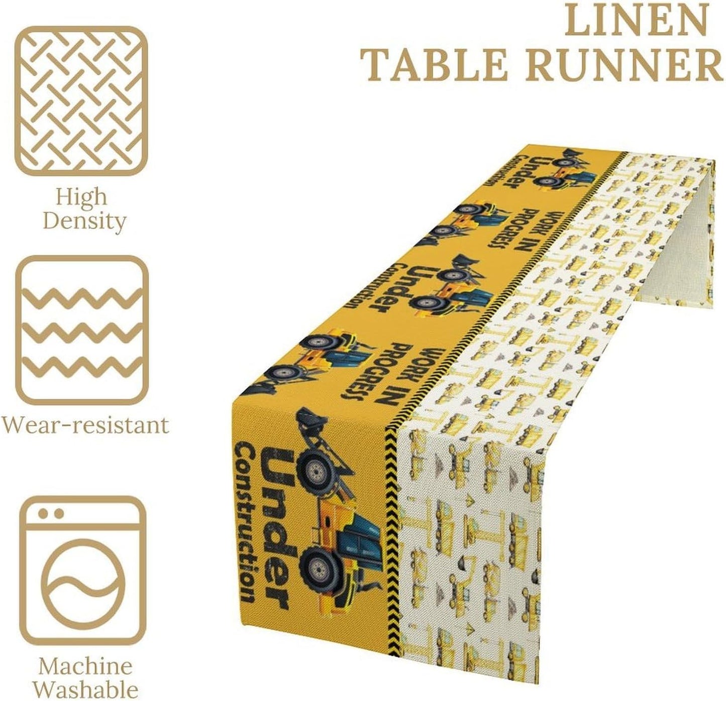 Cartoon Car Table Runner,Boys Kids Construction Vehicles Truck Yellow Print Tablecloth Burlap for Hotel Indoors Outdoor Dining Room Kitchen Home Decor,W13X L108 in
