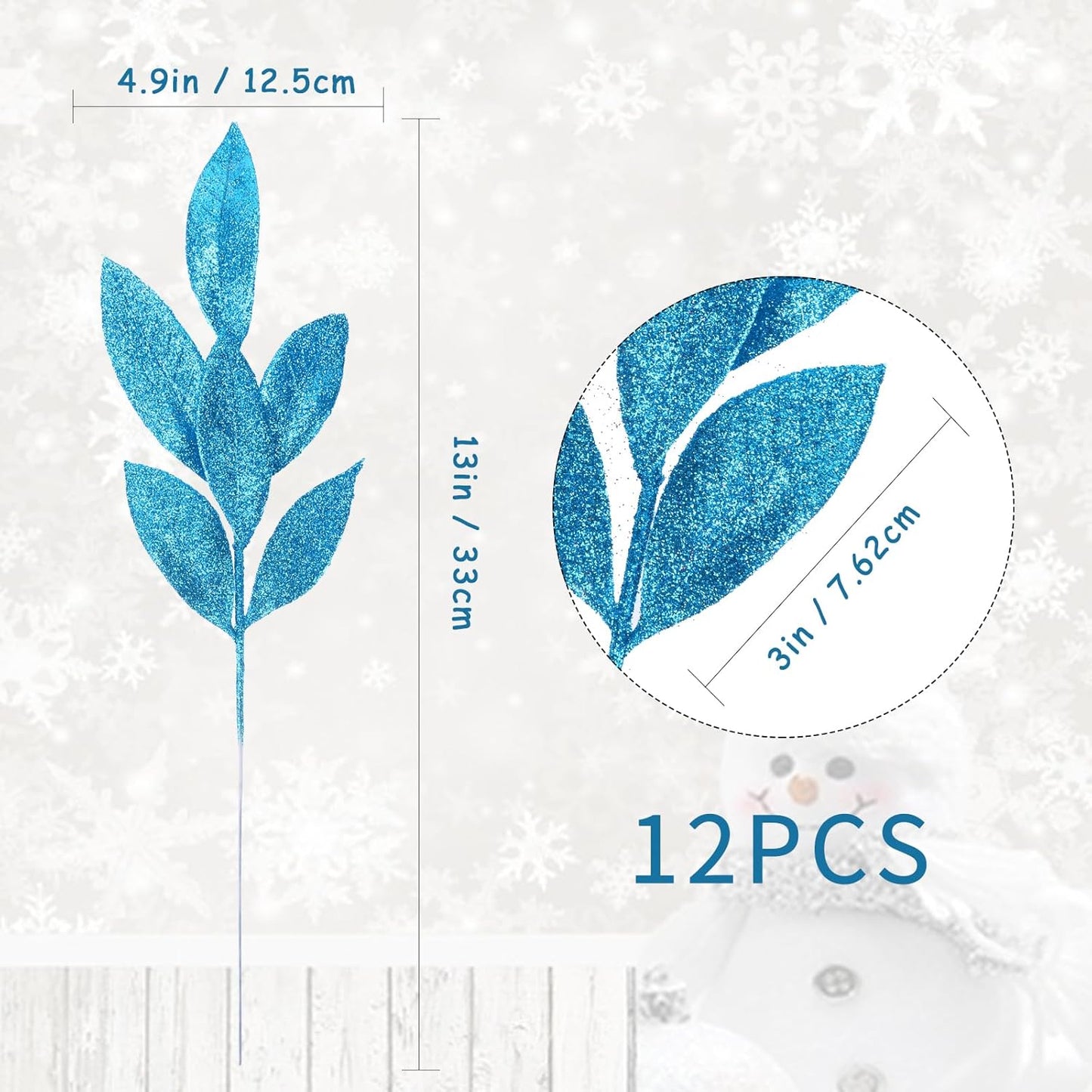 GREENTIME 12 Pack Artificial Blue Glitter Leaves 13" Fake Christmas Picks Decorative Glitter Sticks for Vase Christmas Tree DIY Wreath Crafts Fireplace Decor
