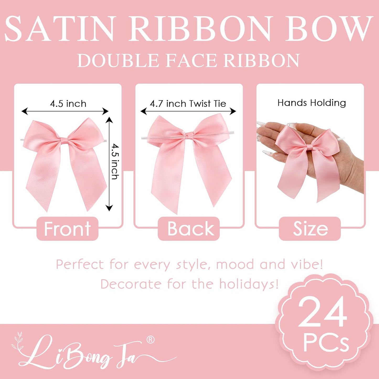 4.5" Satin Ribbon Pink Bows for Gift Wrapping, Twist Tie Bows, Cute Bows for Crafts, Party Favors, Premade Bows Pre-Tied Decorative Bows for Flower Bouquets Candy Apple Bows-24 Counts
