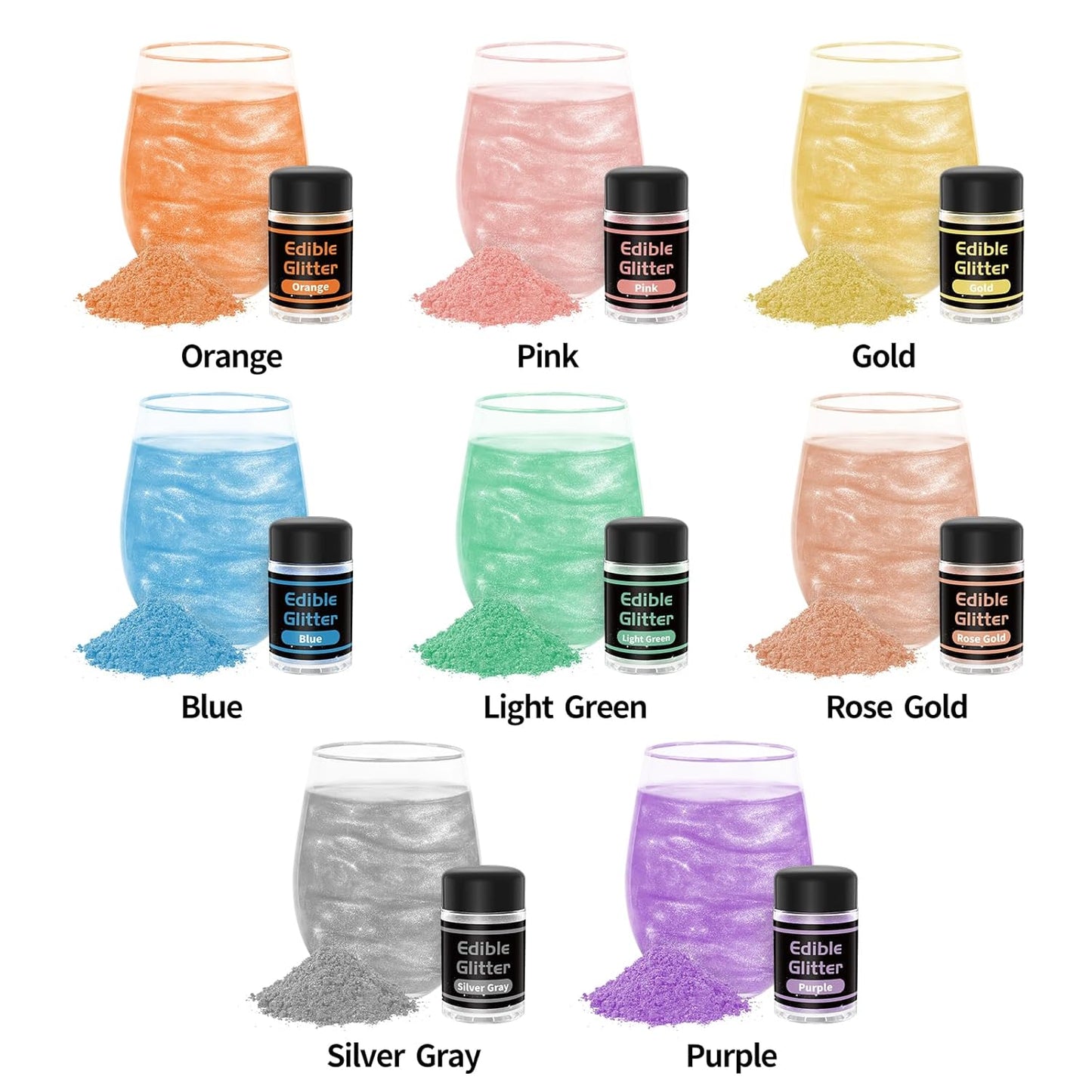 JIUPIN Edible Glitter - 8 Colors Luster Dust Edible, Edible Glitter Powder, Food Grade Cake Decorating Shimmering Glitter for Drinks, Chocolate, Candy, Chocolate - 3g/bottle