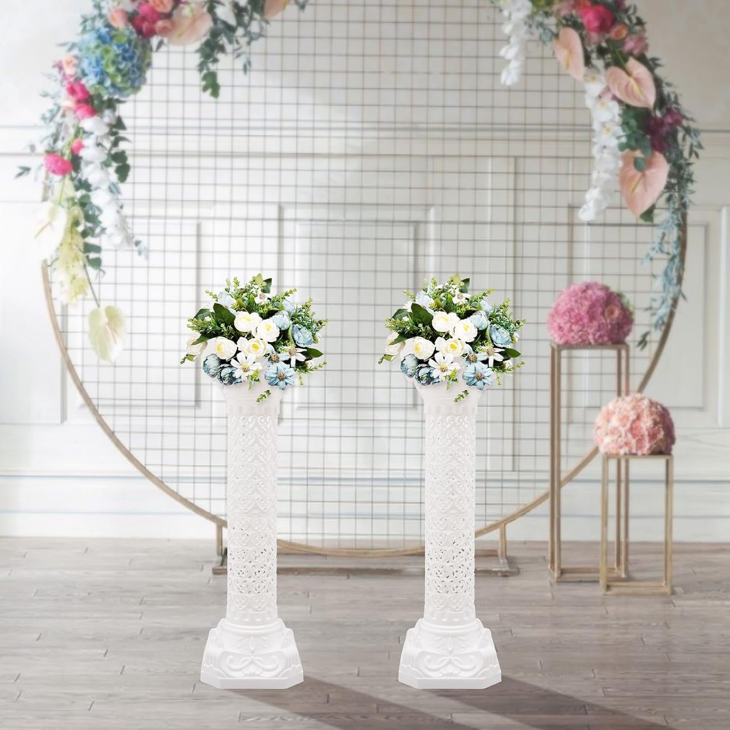 Roman Pillars Decoration Party Flower Pot Columns Set 2Pcs Decor Pedstal Stand 10.63 * 34.65in Flower Floral Wedding Party Event Road Decorative Columns (10.63 * 34.65in 2Pcs)
