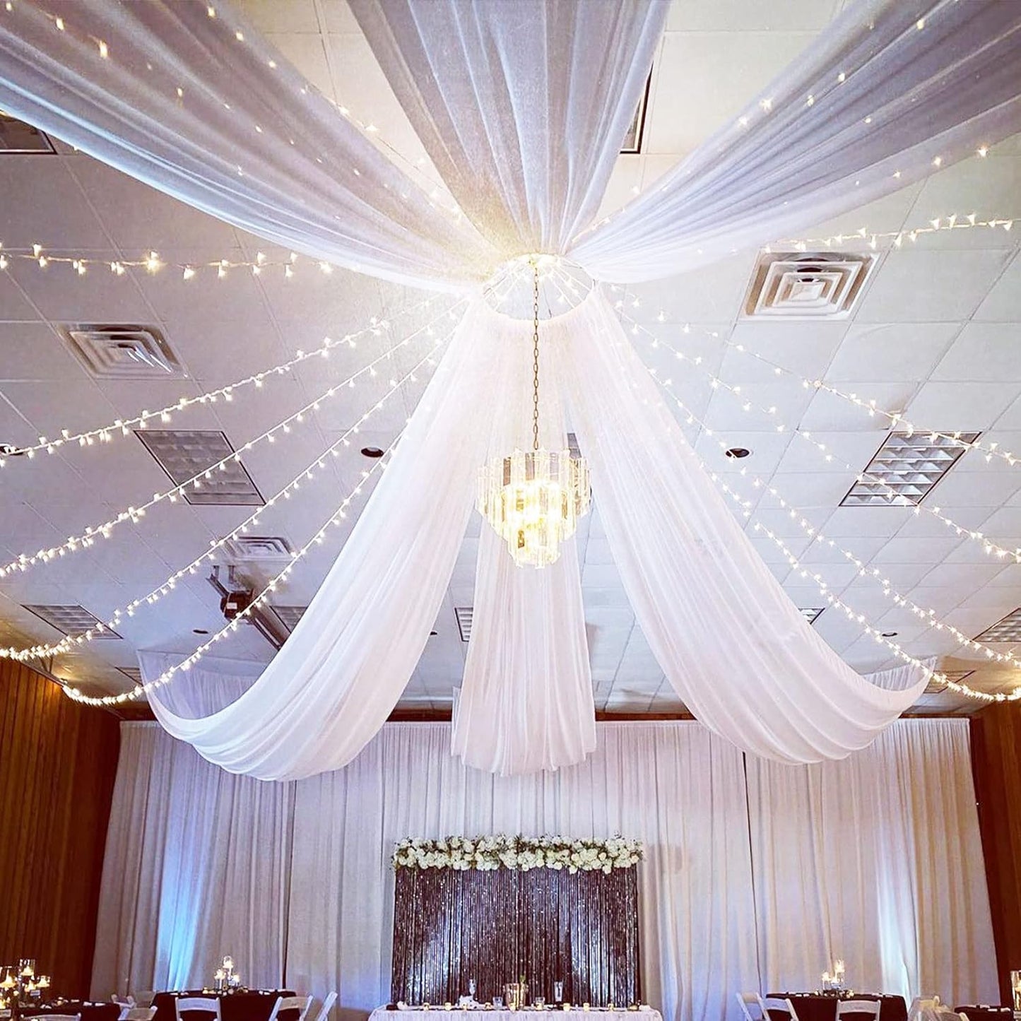 FUHSY White Ceiling Drapes for Wedding Arch Draping Fabric 4 Panels 5x20FT Chiffon Wedding Arch Drapes Sheer Bed Canopy Curtains Wedding Backdrops for Reception Ceremony Swag Arbor Archway Tent Drapes