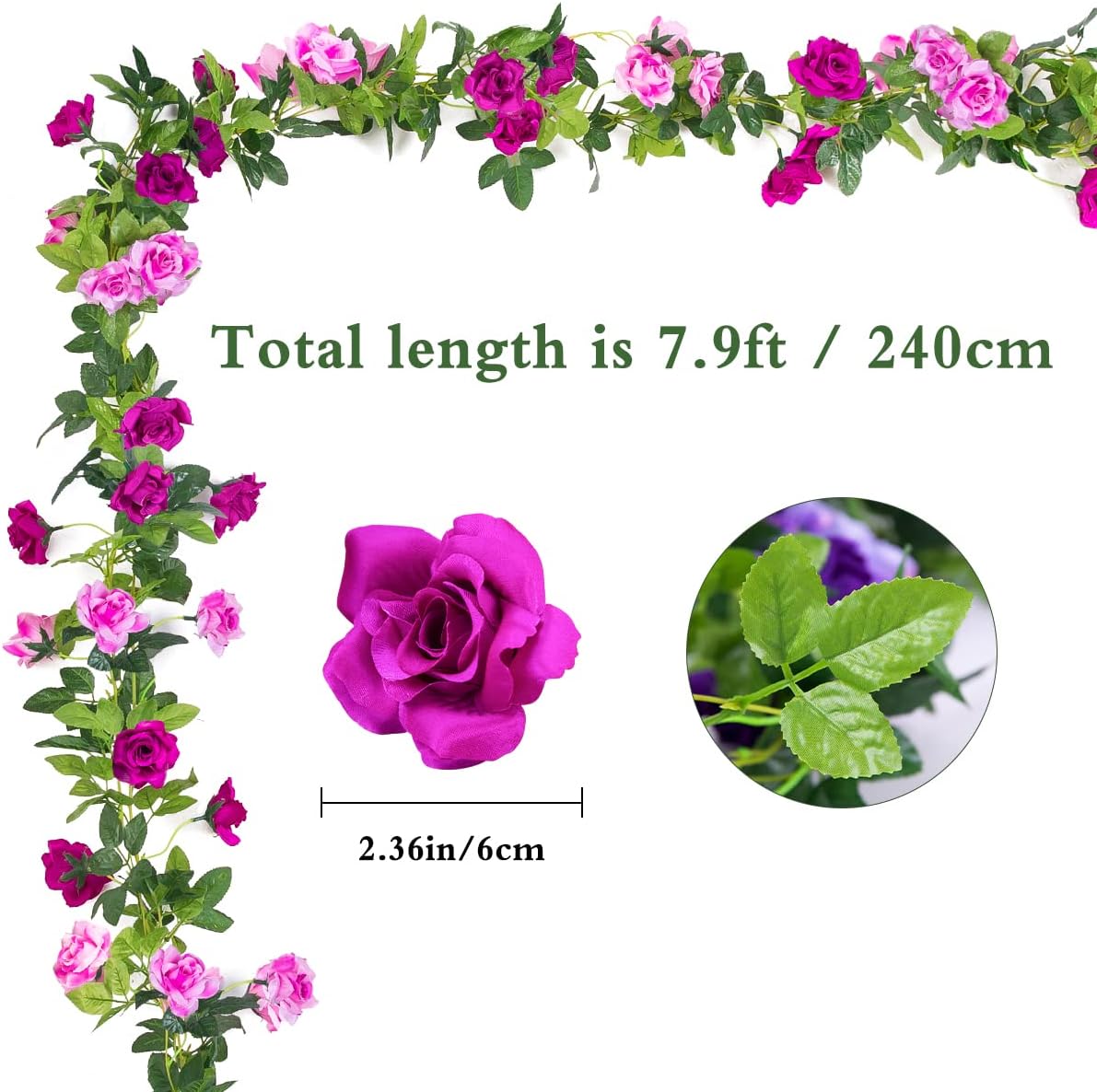 Kisflower 3PCS/23.7FT Artificial Rose Flower Garland, Fake Vines Silk Floral Hanging Plant for Wedding Arch Decorations Room Party Home Garden Hotel Office Wall Decor (Fuchsia)