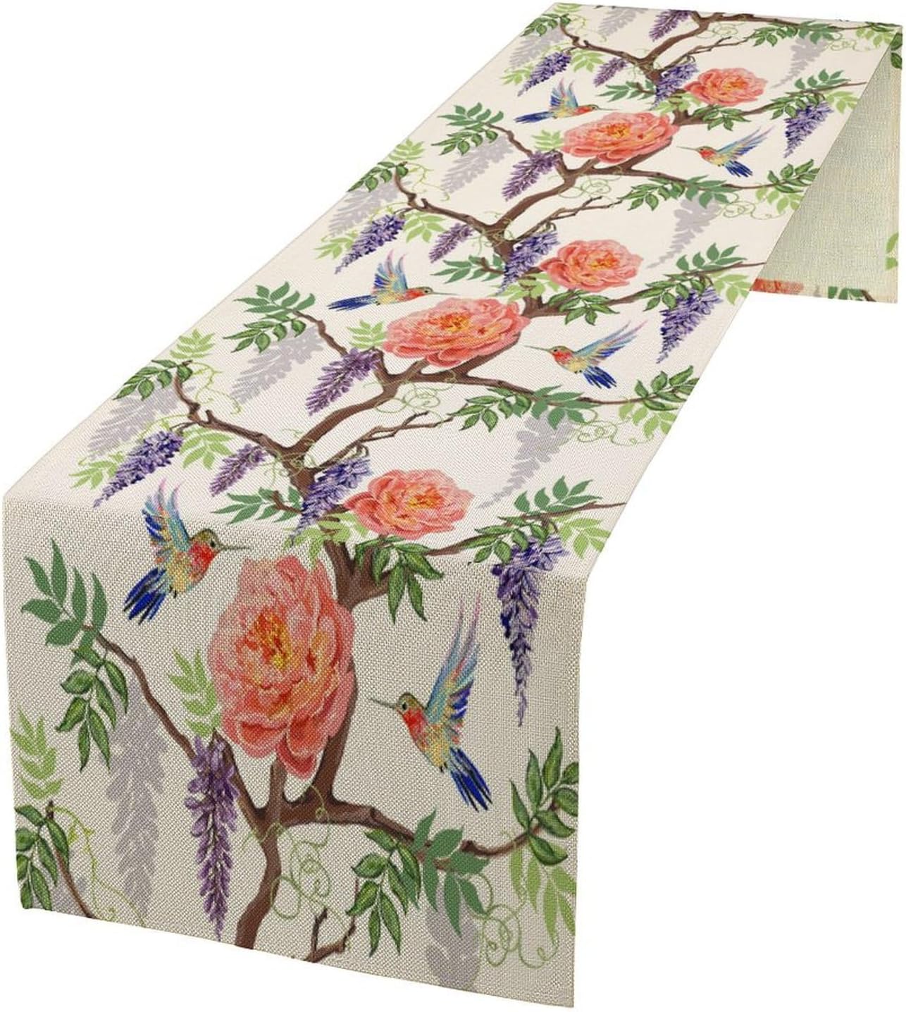 Vintage Bird Flower Table Runner Seasonal Spring Purple Wisteria Garden Plants Lavender Pink Florals Farmhouse Country Kitchen Dinner Runner Dining Table Decoration for Home Party Holiday 13"x90"