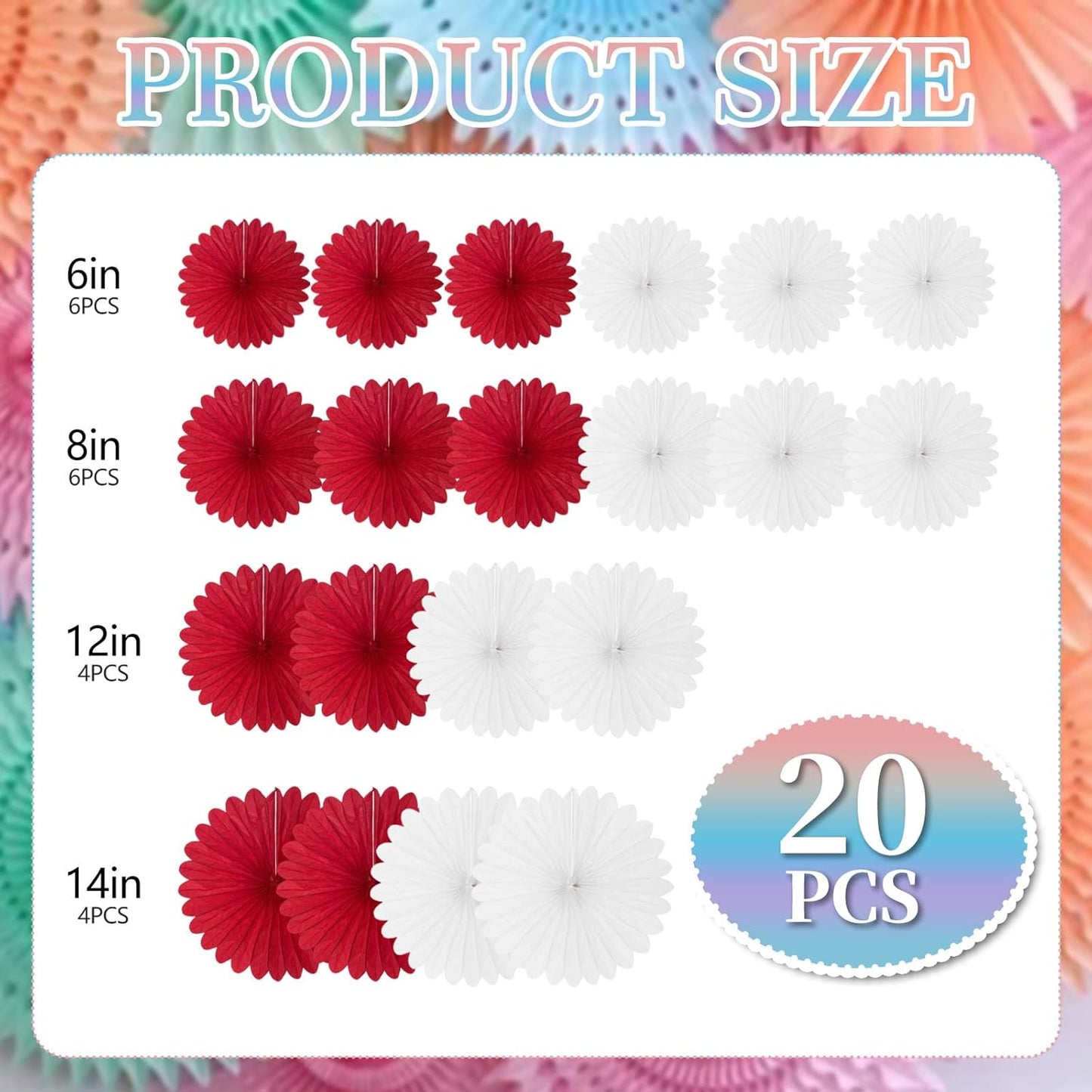 20 Pcs Red White Hanging Paper Fan, Round Paper Fans Decorations Set for Weddings, Birthdays, Engagement, Bridal Shower, Bachelorette Party Supplies Decor
