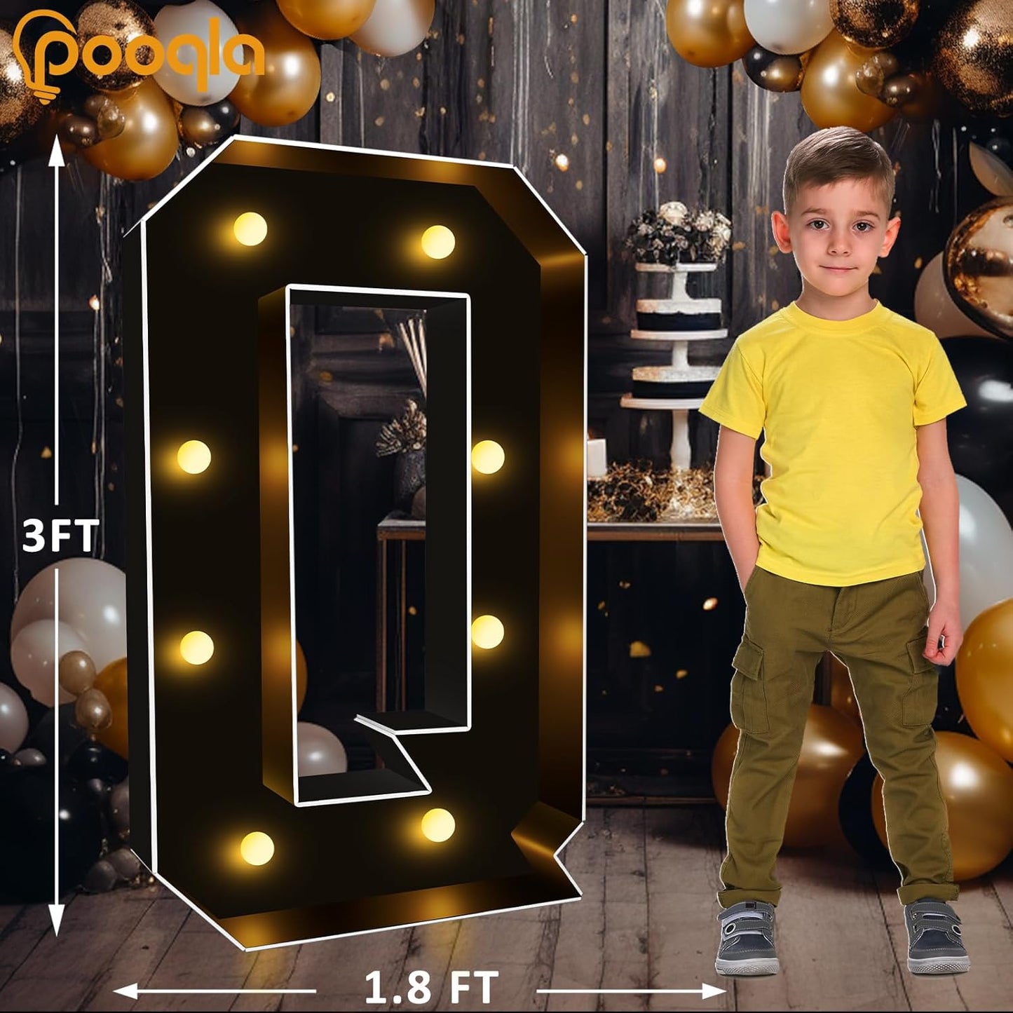 Pooqla 3FT Marquee Light Up Letters, Black LED Party Decor Large Marquee Letters 3 Feet Tall, Giant Mosaic Letter for Birthday Graduation Anniversary Wedding Decoration, Letter Q