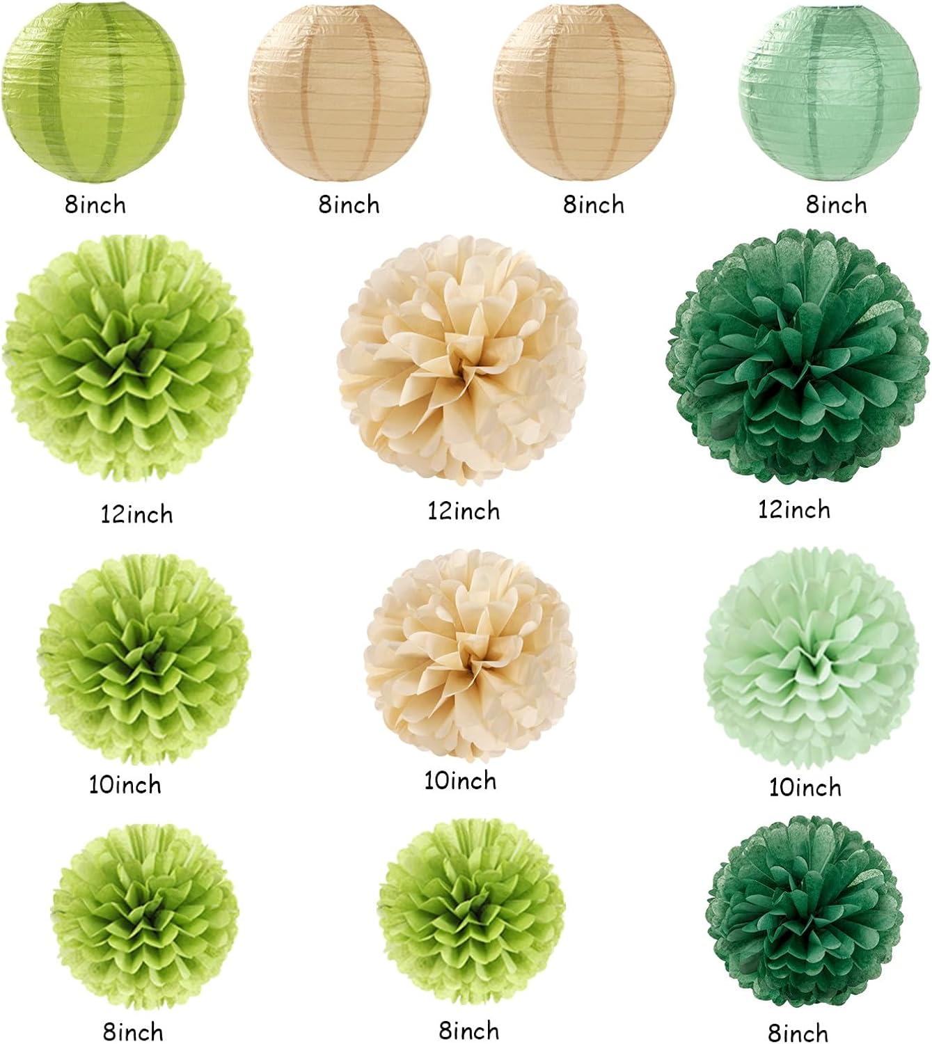 Sage-Green Boho Party-Decorations Paper-Flowers Lanterns - 20PCS Rustic Tissue Pom Poms Streamers Fans Honeycomb, Birthday Baby Shower Neutral Garden Neutral Wedding Hanging Supplies Decor Burgleda