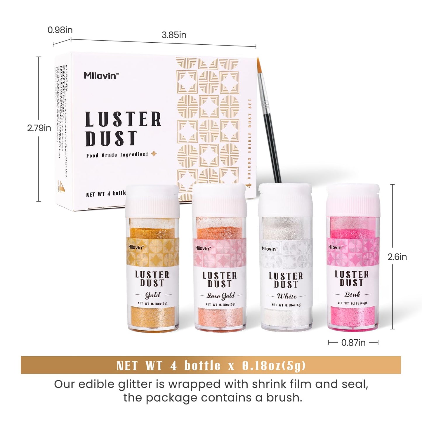 Edible Glitter, 4 Colors Luster Dust Edible, 5g/bottle Edible Glitter for Cocktails, Drinks, Cake Decoration, Cupcakes, Chocolate, Strawberries, and Waffles(Gold, Rose Gold, White, Pink)