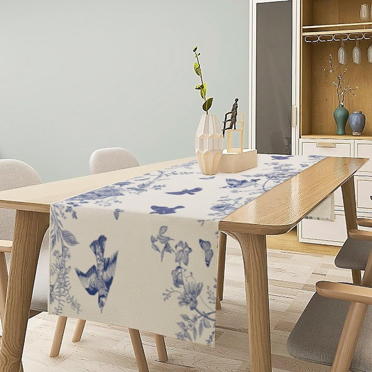 Monochrome Sketch Flowers Bird Table Runner, Seasonal Spring Fall Plants Blue Florals Dinner Runner for Home Kitchen Dining Table Party Holiday Decoration 13"x120"