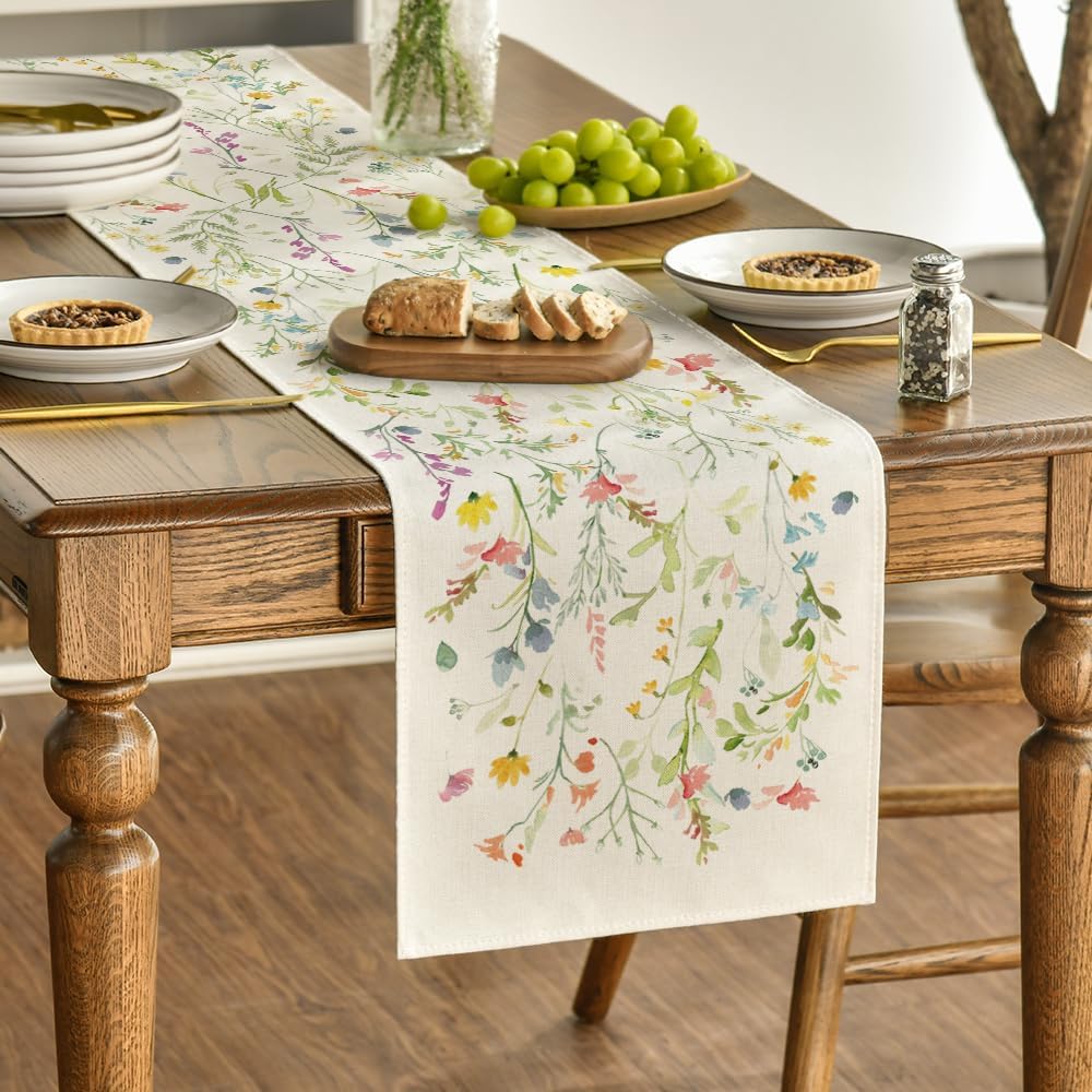 Artoid Mode Wildflowers Bloom Flowers Spring Table Runner, Seasonal Summer Floral Kitchen Dining Table Decoration for Home Party Decor 13x72 Inch