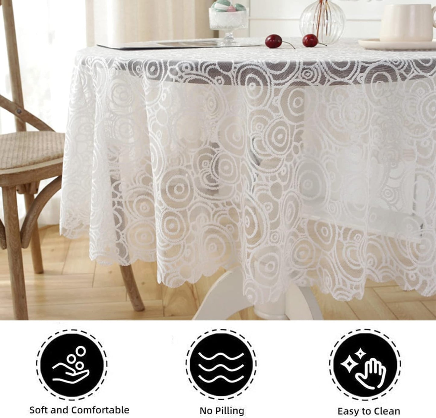 Jeloris Round Lace Tablecloth with Elegant Scalloped Bottom for Any Special Event Such as Wedding, Birthday Party, Baby Shower, Anniversary (70 inch, Style 5)
