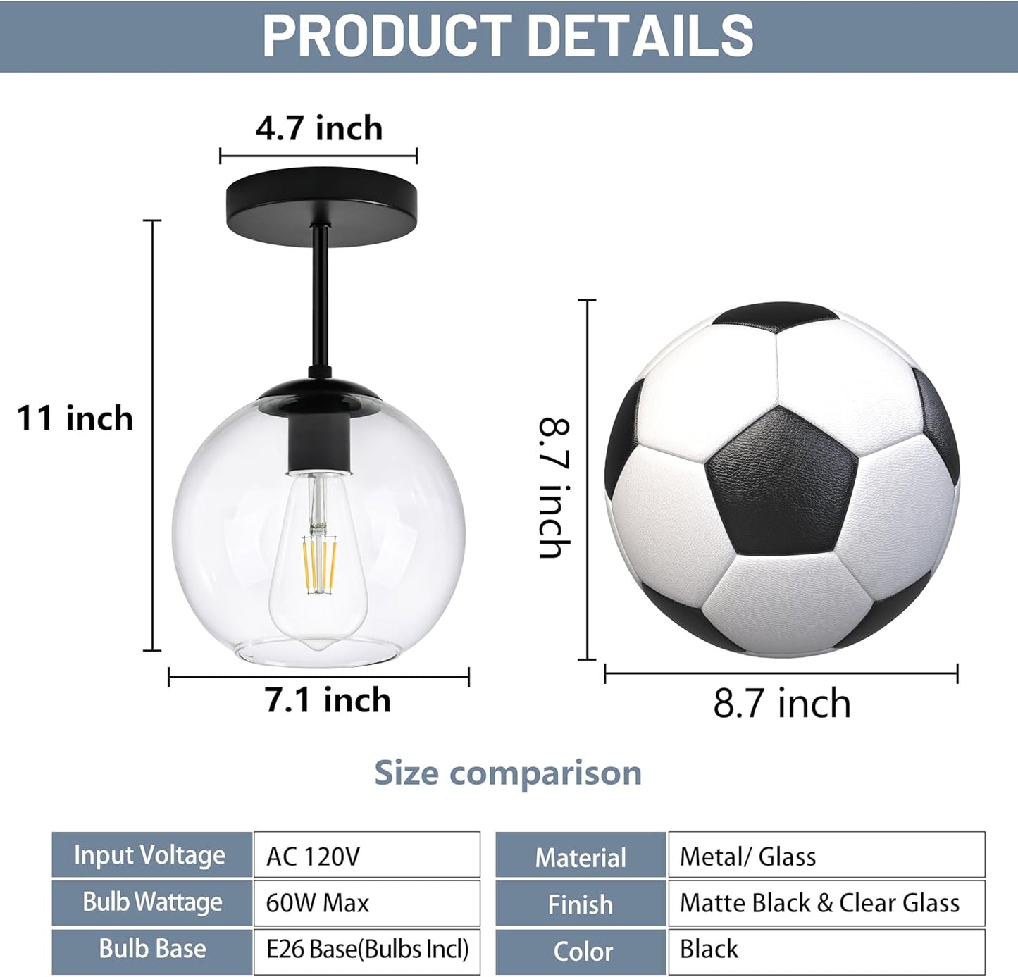 Black Semi Flush Mount Ceiling Light Fixture with Clear Glass Light Fixture Mid Century Light Fixtures Black Semi Flush Ceiling Light Fixtures for Dining Room Kitchen (Bulb Included)