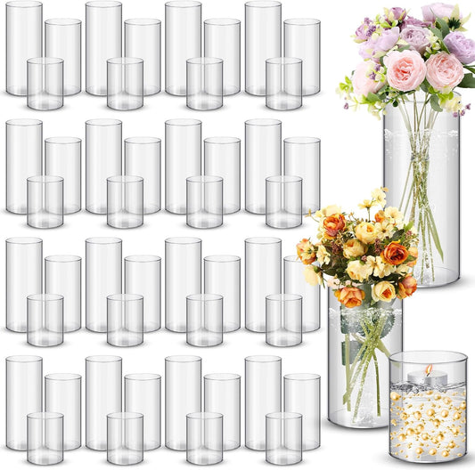 Nuogo 48 Pcs Plastic Cylinder Vases Tall Clear Flower Vases for Centerpieces Hurricane Candle Holder for Home Wedding Office Party Formal Dinners Decorations (4''/6''/8'')