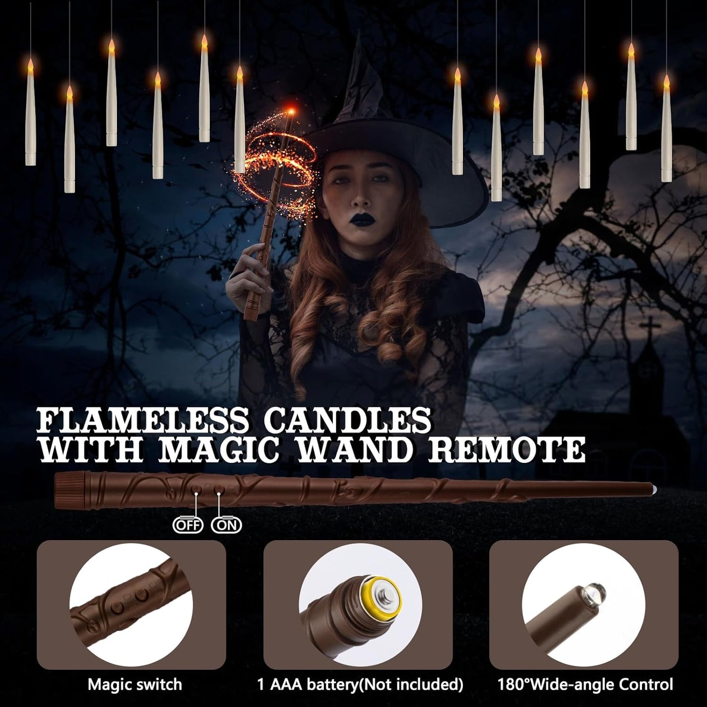 Floating Candles with Wand Remote, 20 Pcs Magic Halloween Hanging Candles, Flickering Warmer Light Flameless LED Candles with DIY Sticker, Battery Operated Halloween Decorations Gifts Indoor (18)