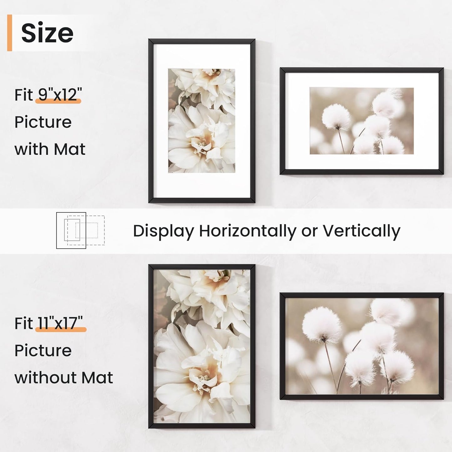 11x17 inch Picture Frame, 11x17 Photo Frames with Removable Mat - High Definition Plexiglass - Vertical and Horizontal Display - Wall Hanging Frame - Black, 5 Pack