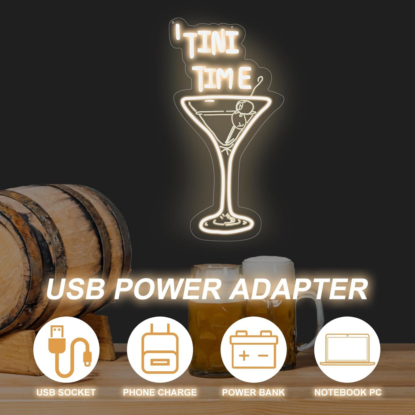 Tini Time Neon Sign, Martini LED Neon Sign for Bars, Elegant Cocktail Glass Neon, Martini Cocktail Bar Wall Decor, Bar Wall Art, Pub neon, 16.5"x8.7", Warm White